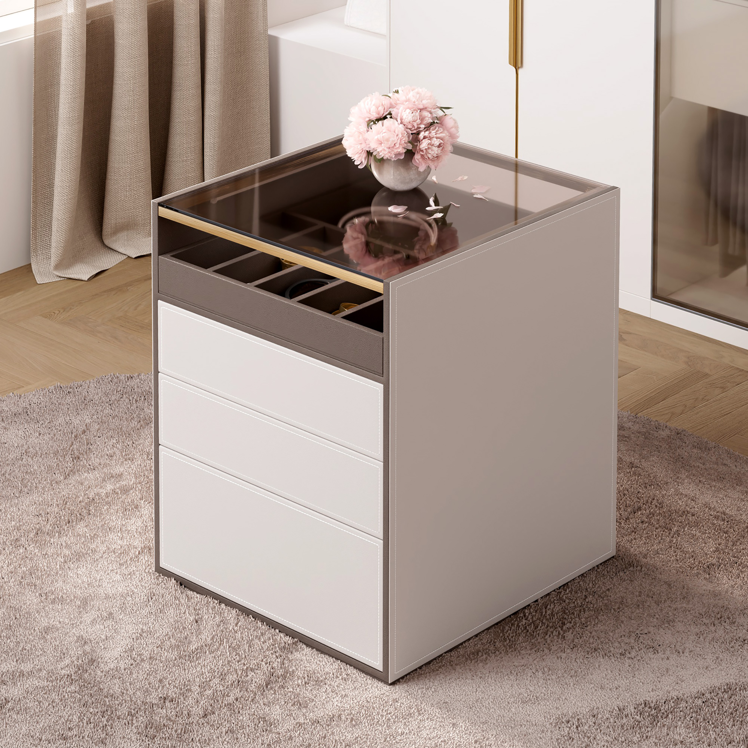 Saddle Leather 7-Dresser Walk-In Closet Island with Light & Jewelry Display