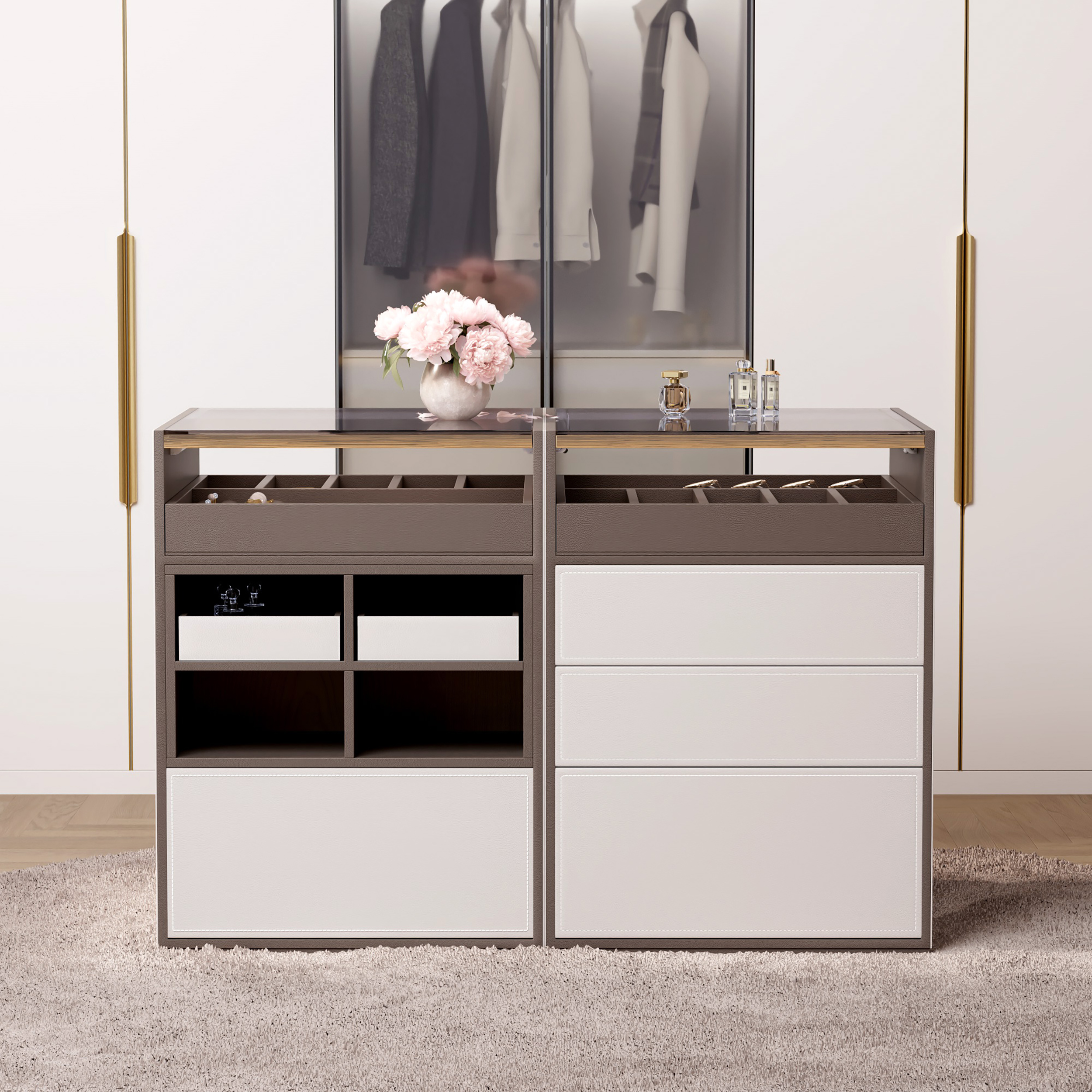 Saddle Leather 7-Dresser Walk-In Closet Island with Light & Jewelry Display Set of 2