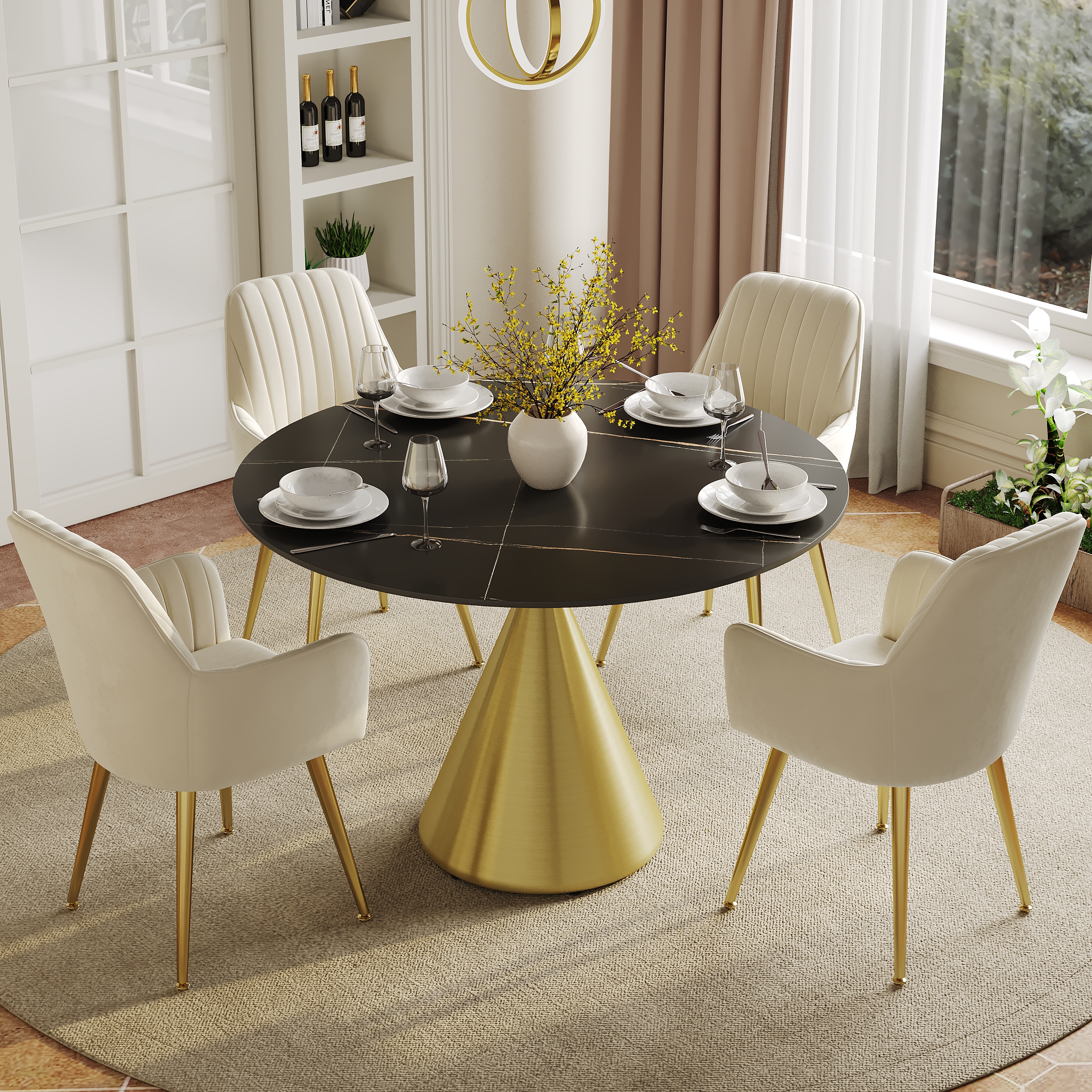 Mesa de comedor redonda de piedra sinterizada de 1000 mm con base de oro cepillado con capacidad para 2-4 personas