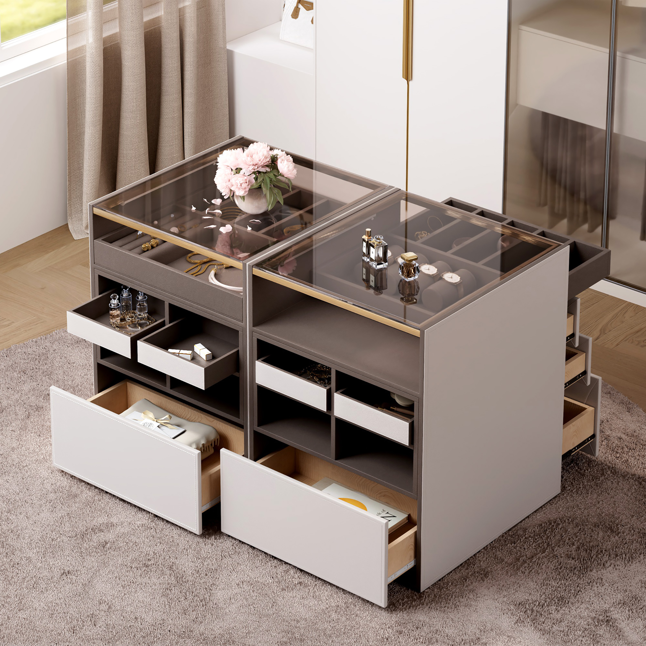 Saddle Leather 7-Dresser Walk-In Closet Island with Light & Jewelry Display Set of 2