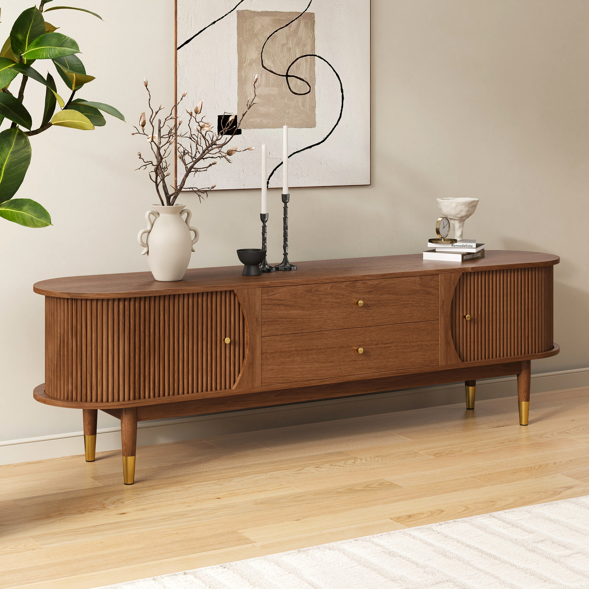 Soporte de TV estriado de madera de fresno de 1830 mm, consola multimedia moderna de mediados de siglo con almacenamiento en nogal