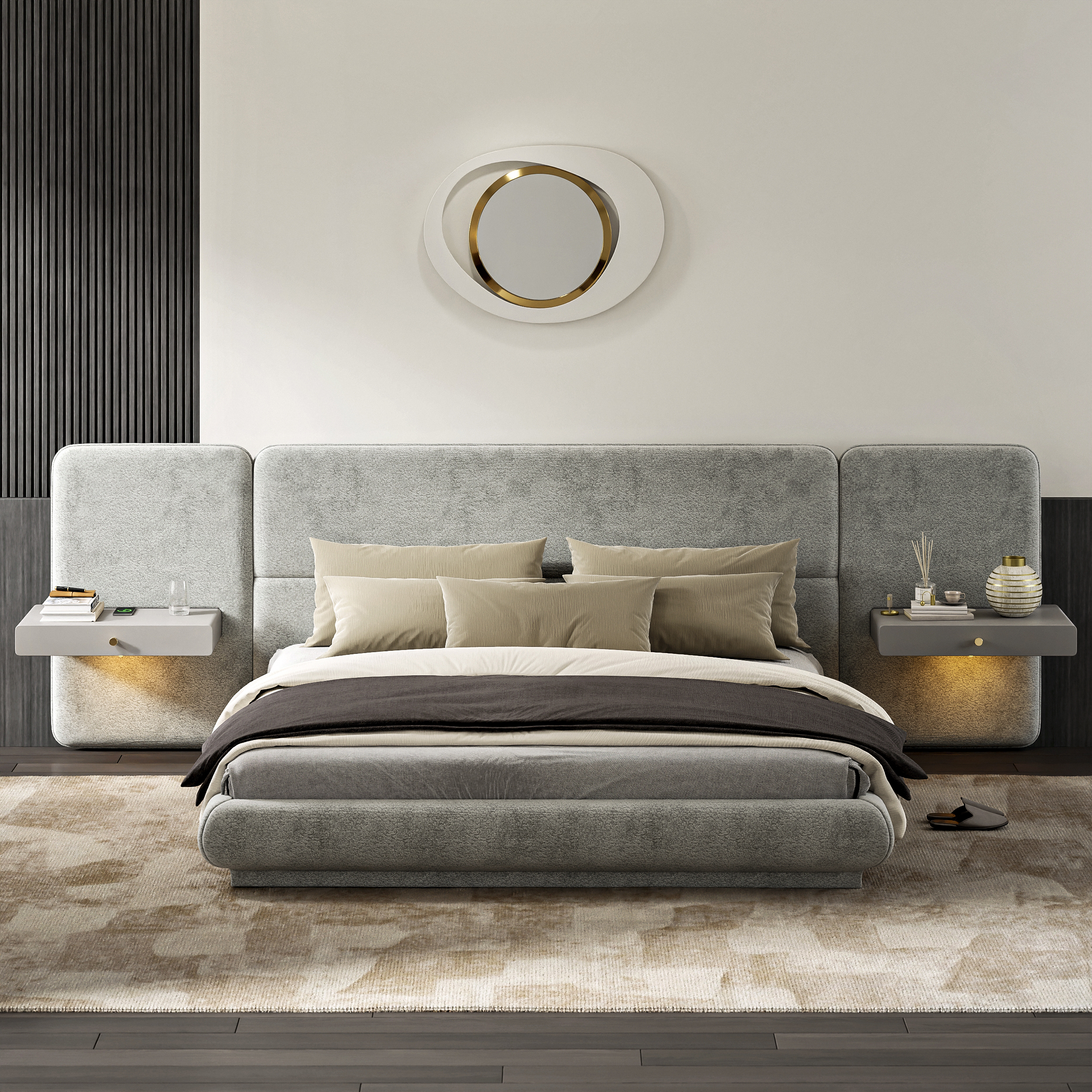 King Size Velvet Upholstered Bed with Extended Headboard & Smart Leather Nightstand Set
