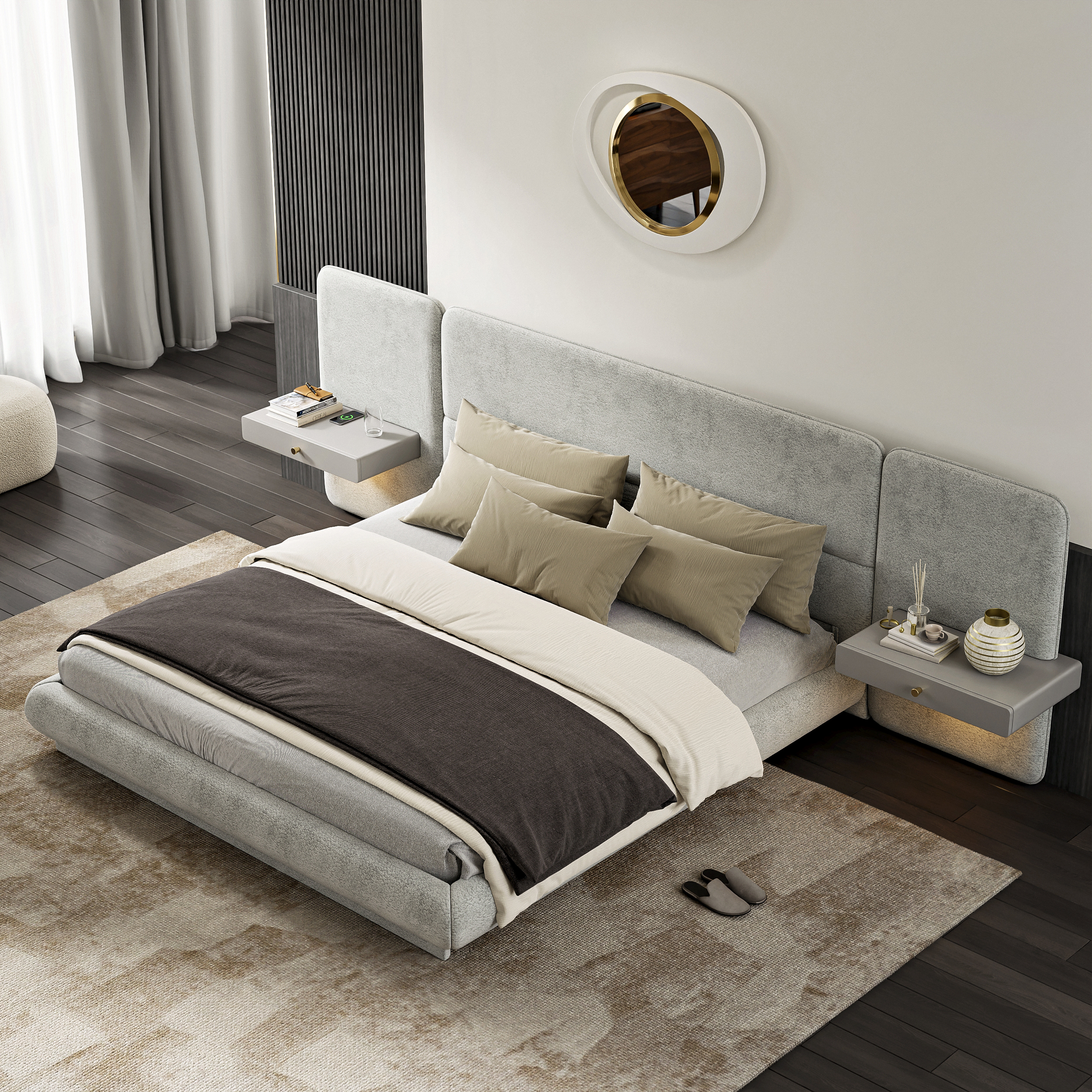 King Size Velvet Upholstered Bed with Extended Headboard & Smart Leather Nightstand Set