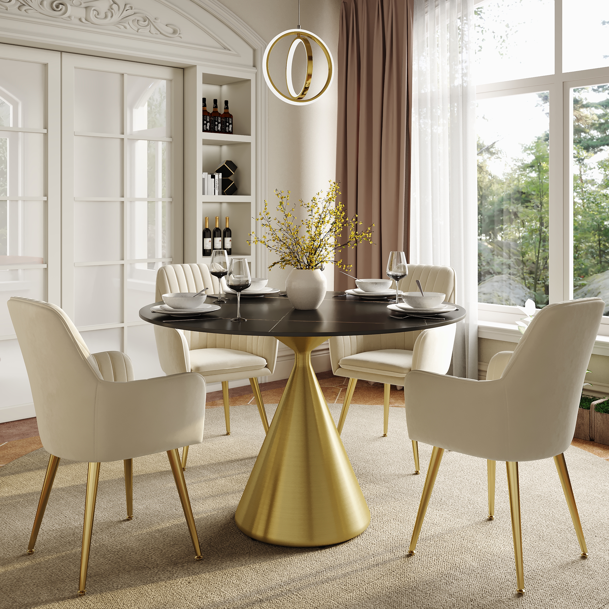 39" Black Faux Marble Round Dining Table with Glossy Gold Base for 4 People