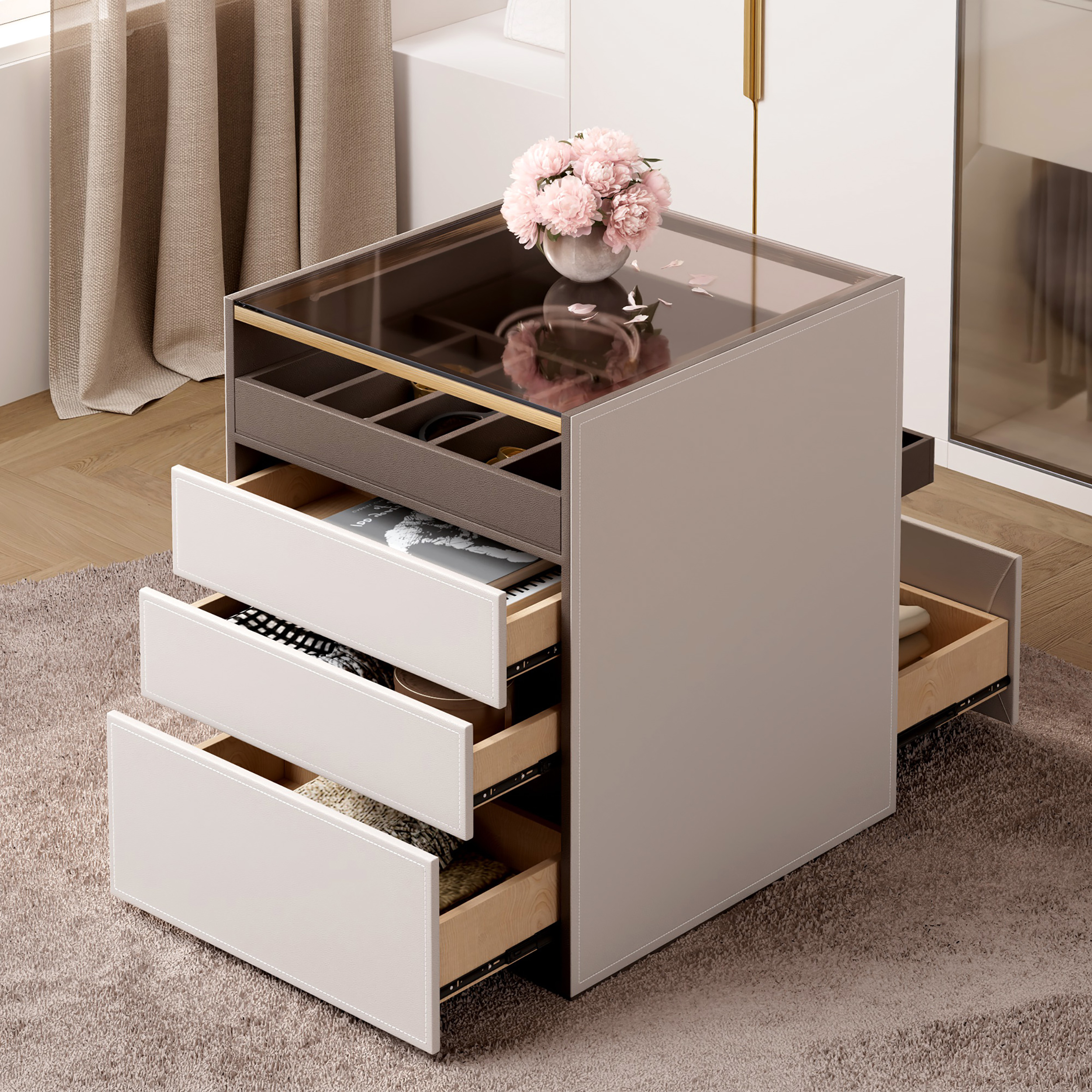 Saddle Leather 7-Dresser Walk-In Closet Island with Light & Jewelry Display