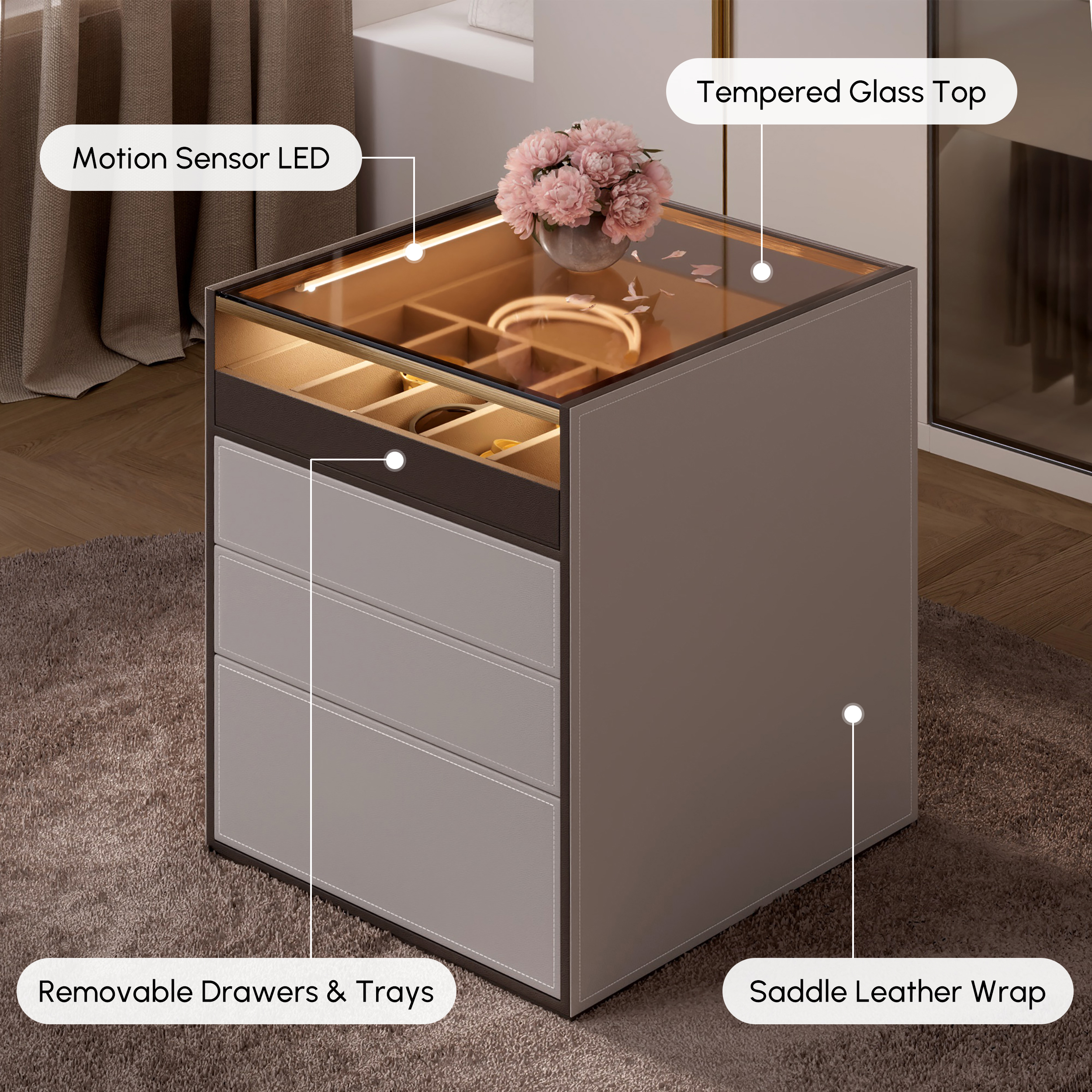 Saddle Leather 7-Dresser Walk-In Closet Island with Light