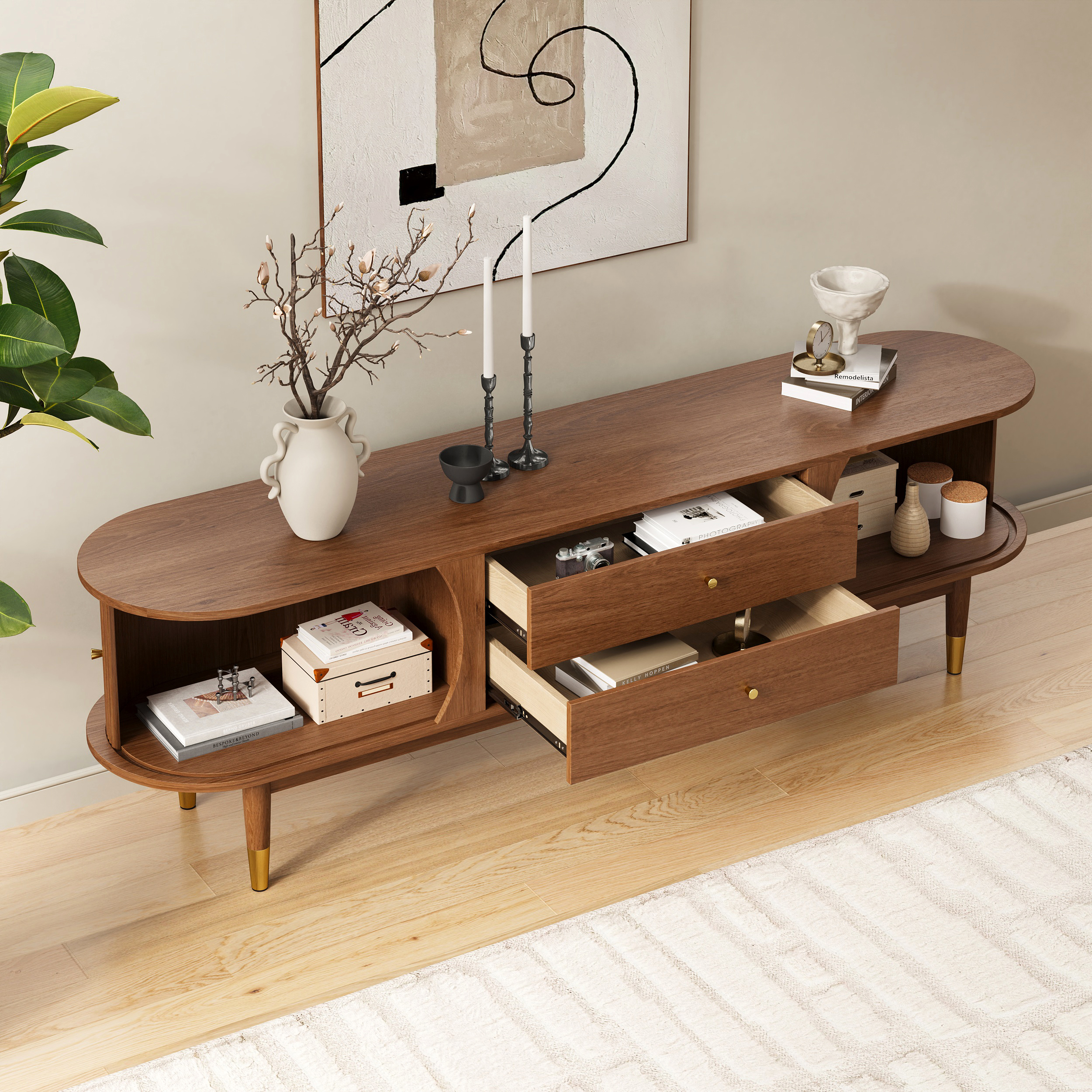 72'' Ash Wood Fluted TV Stand Mid Century Modern Media Console with Storage in Walnut
