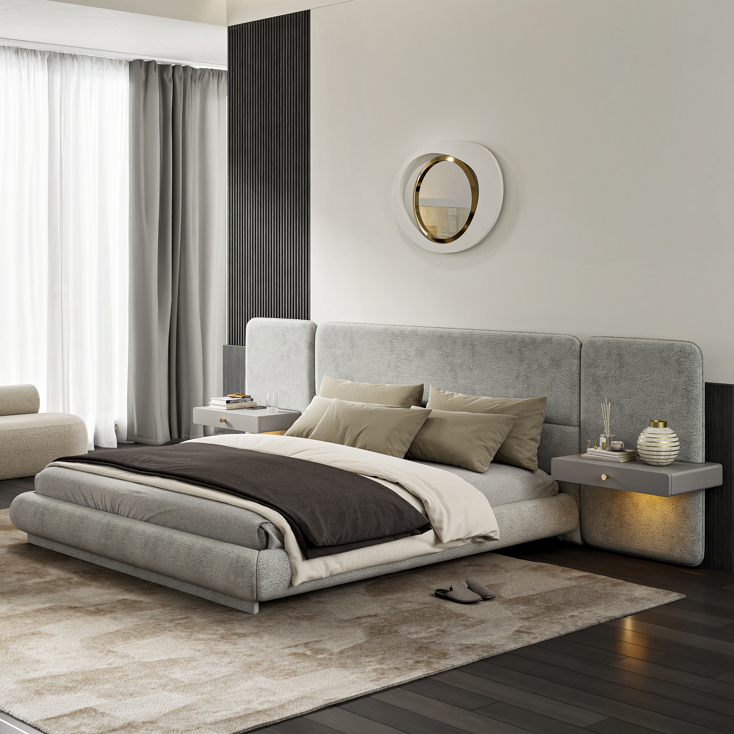 King Size Velvet Upholstered Bed with Extended Headboard & Smart Leather Nightstand Set