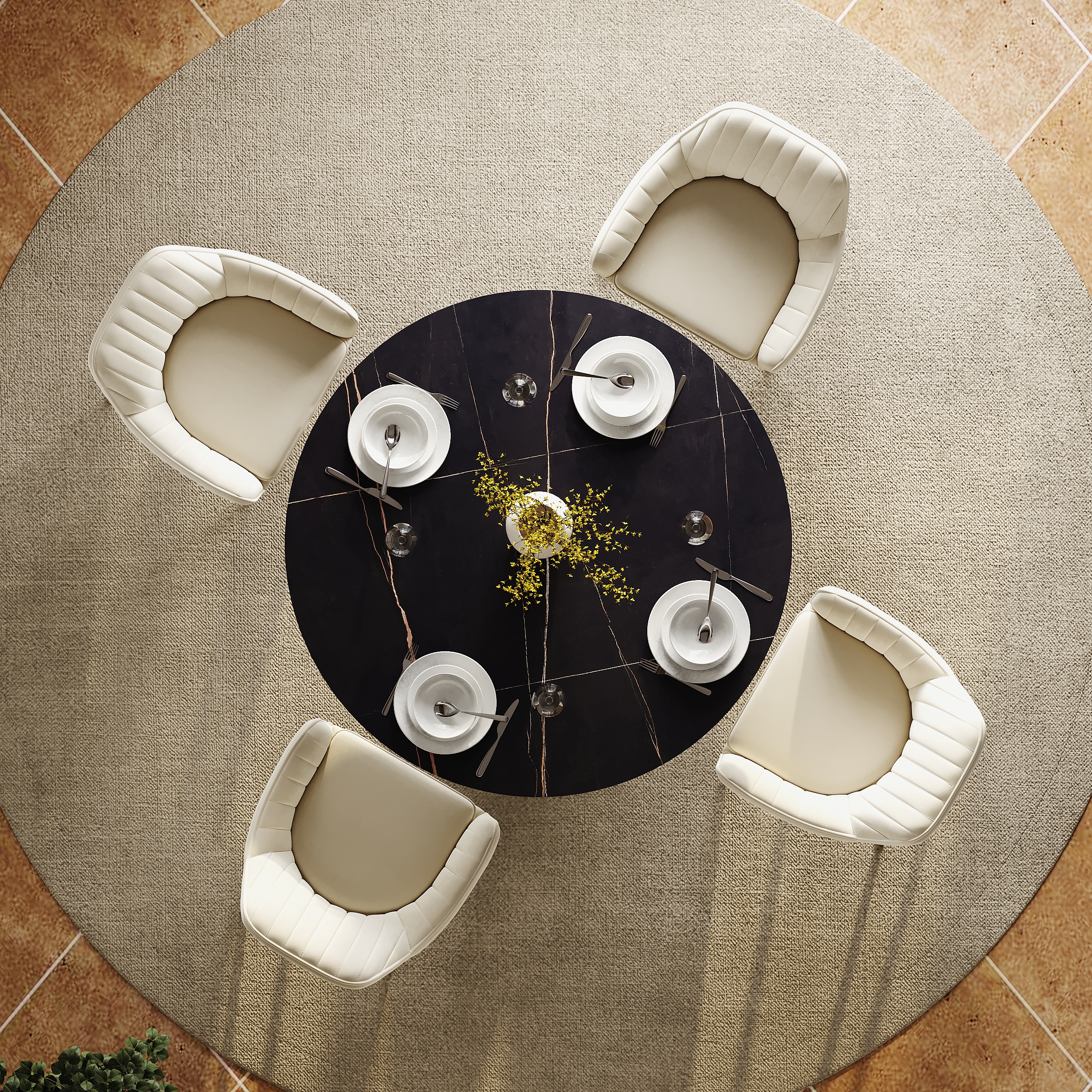 39" Black Faux Marble Round Dining Table with Glossy Gold Base for 4 People