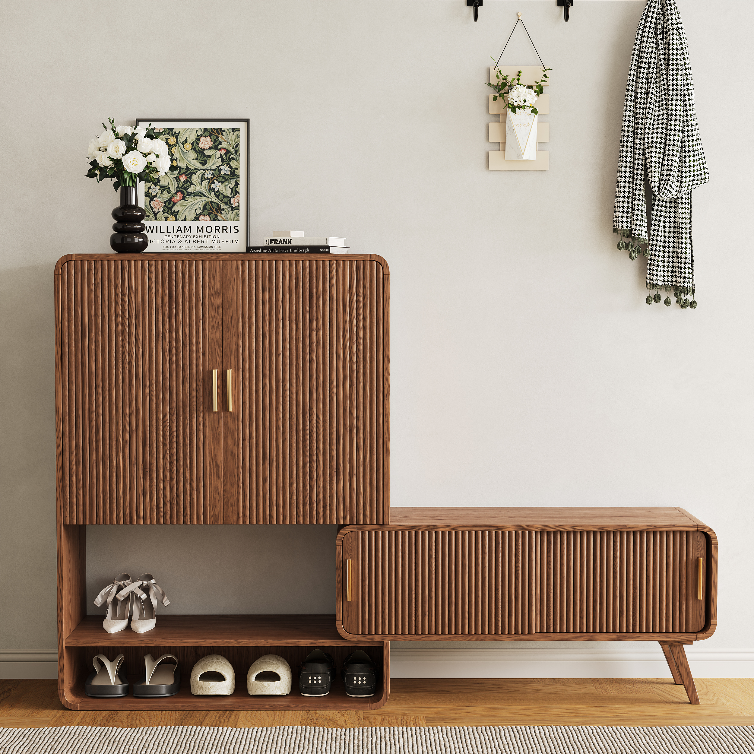 Ash Wood Shoe Rack for Entryway in Walnut Shoe Storage Cabinet for Closet (37"" Wide)