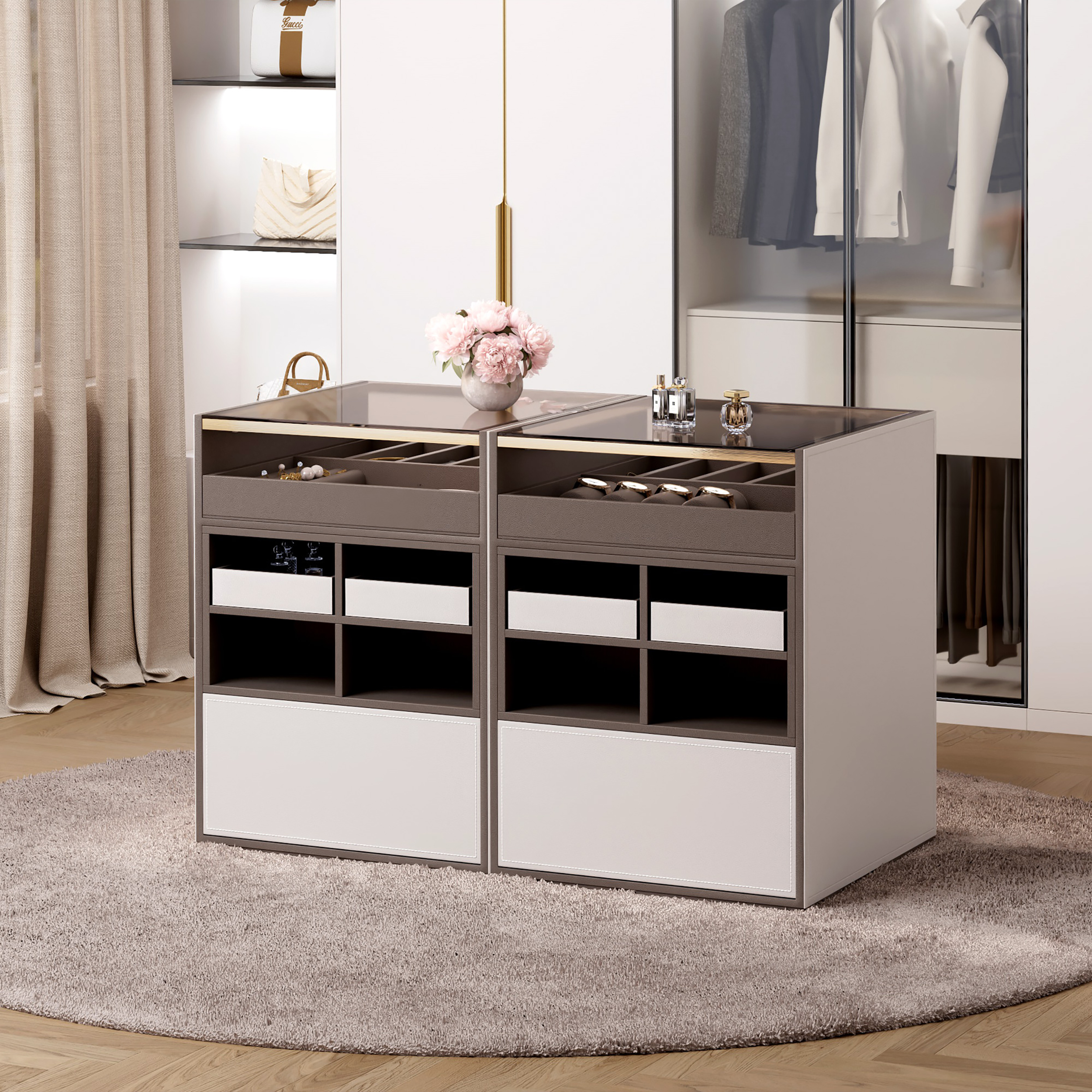 Saddle Leather 7-Dresser Walk-In Closet Island with Light & Jewelry Display Set of 2