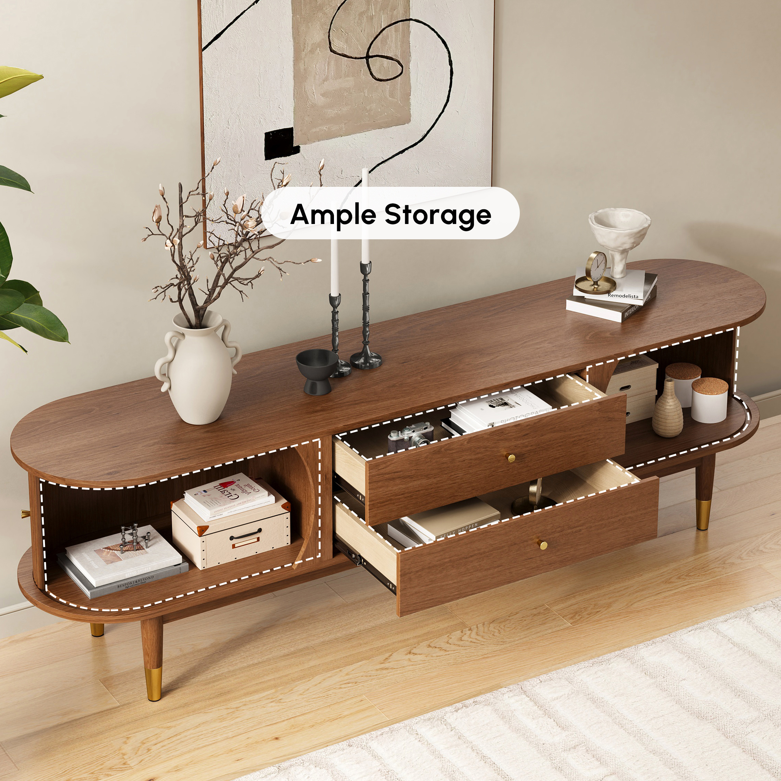 72'' Ash Wood Fluted TV Stand Mid Century Modern Media Console