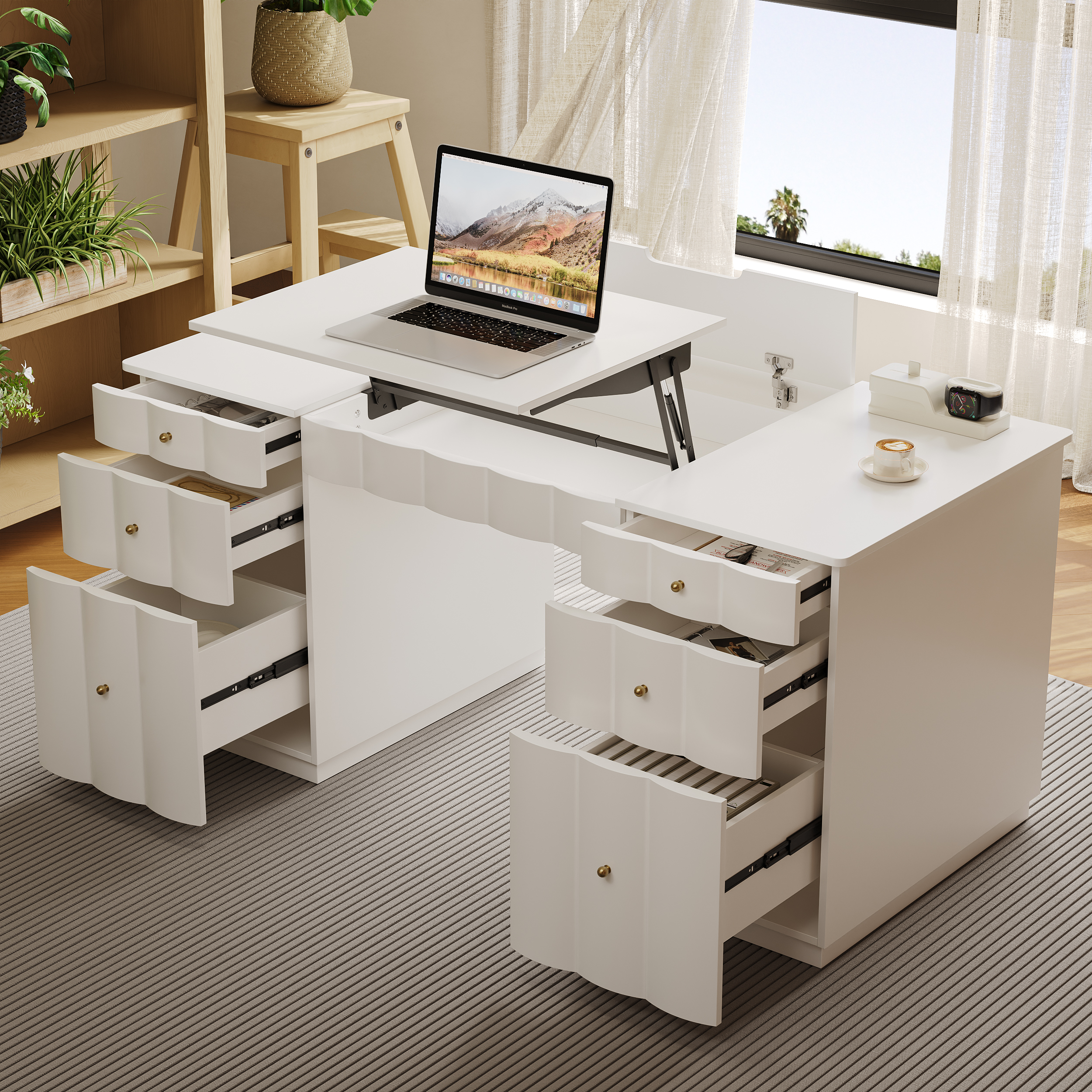 Adjustable Height Desk with 6 Drawers, Wireless Charging & Power Outlet- French Style Cream White