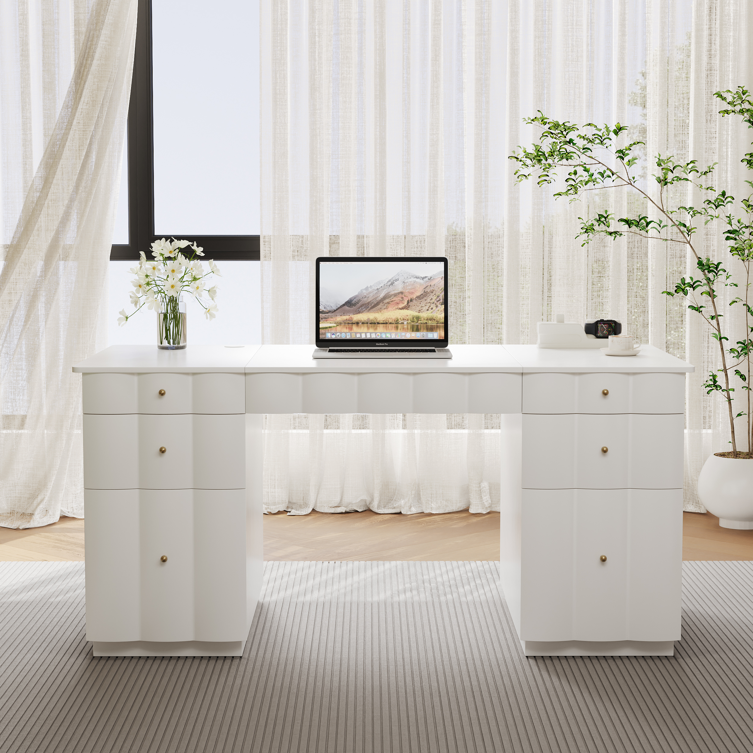 Adjustable Height Desk with 6 Drawers, Wireless Charging & Power Outlet- French Style Cream White