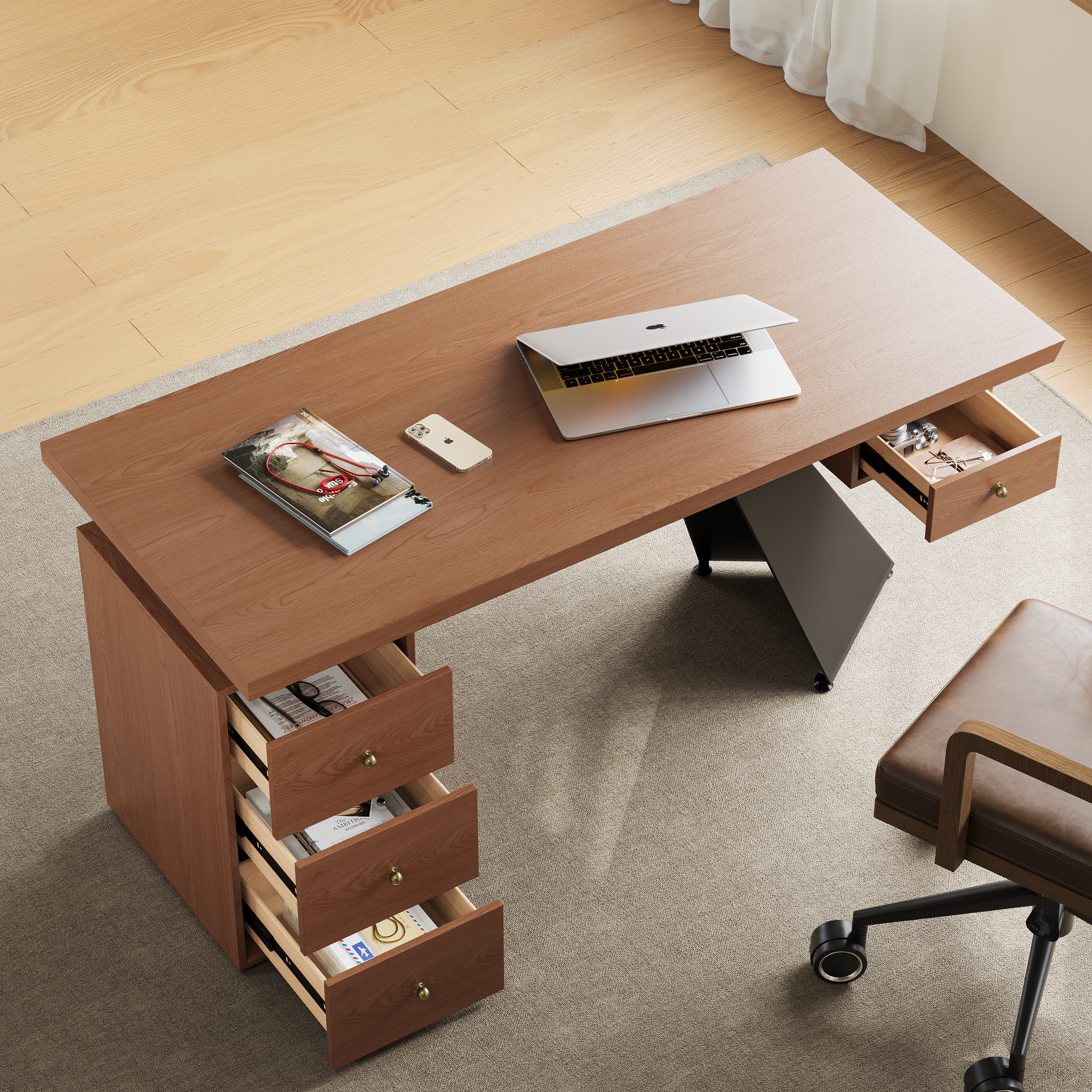 63" Light Walnut Office Desk with Drawer, Modern Workspace, Engineered Wood