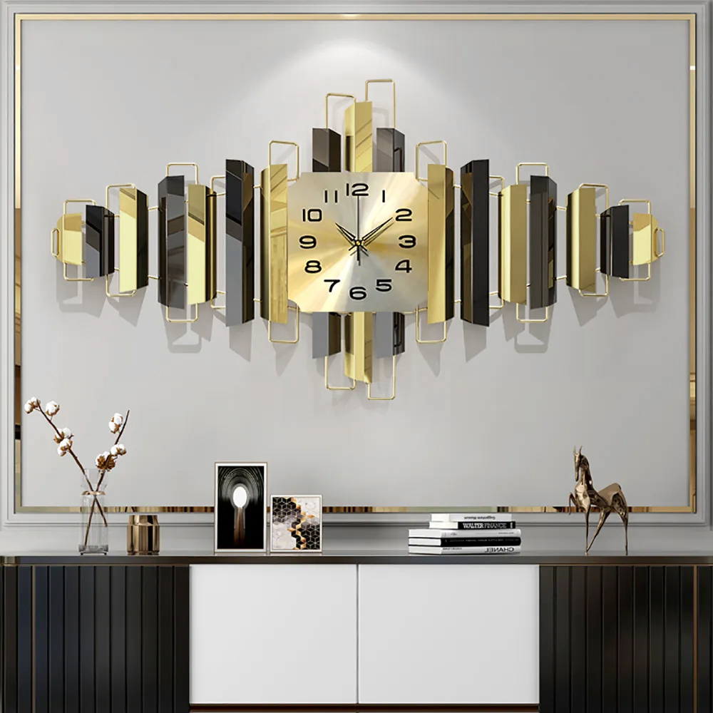 37.4" x 17.7" 3D Modern Metal Wall Clock Home Wall Decor in Black & Gold For Living Room