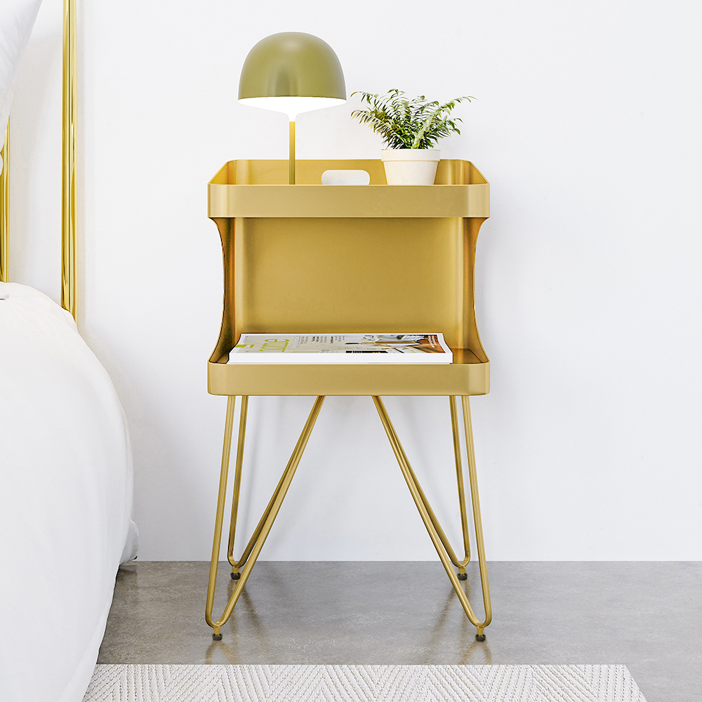 Modern Gold Metal Nightstand with 2 Shelves and Handle Bedside Table