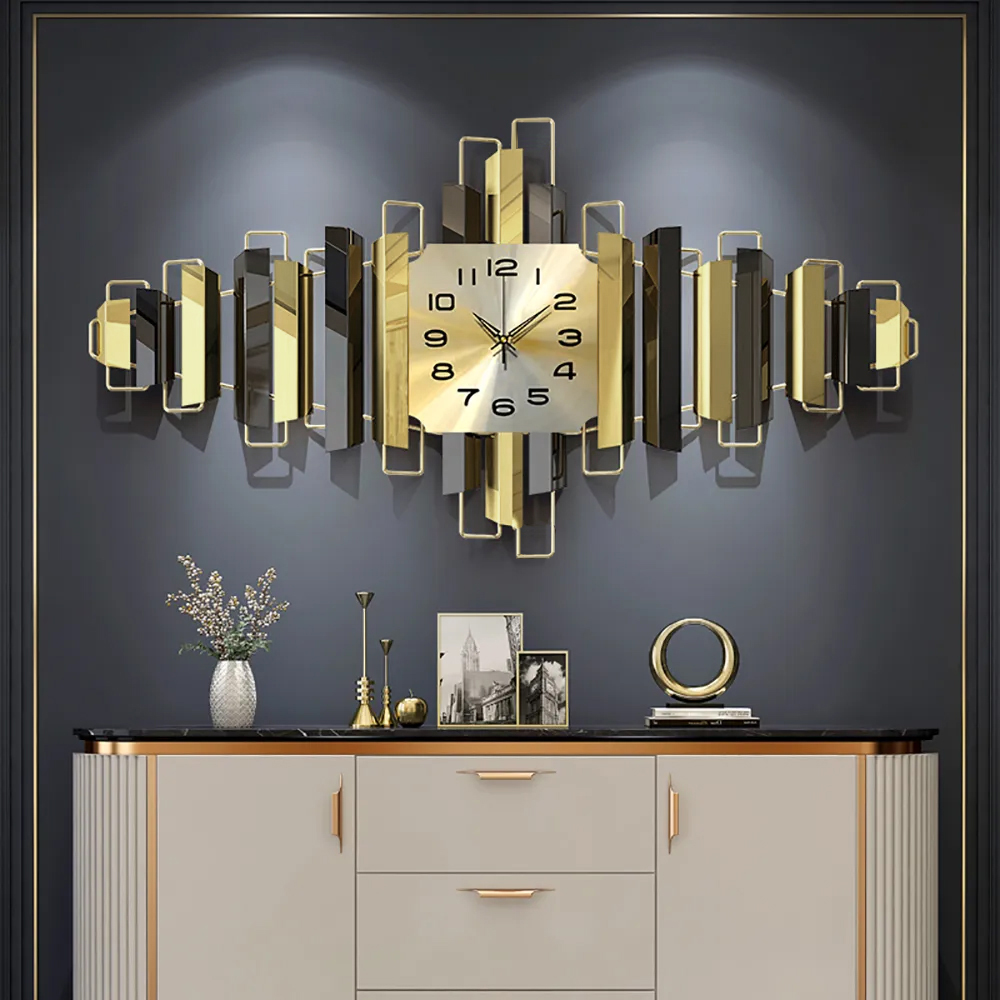 37.4" x 17.7" 3D Modern Metal Wall Clock Home Wall Decor in Black & Gold For Living Room