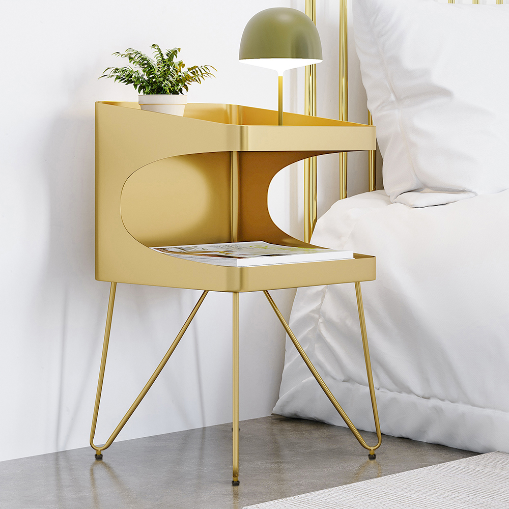 Modern Gold Metal Nightstand with 2 Shelves and Handle Bedside Table