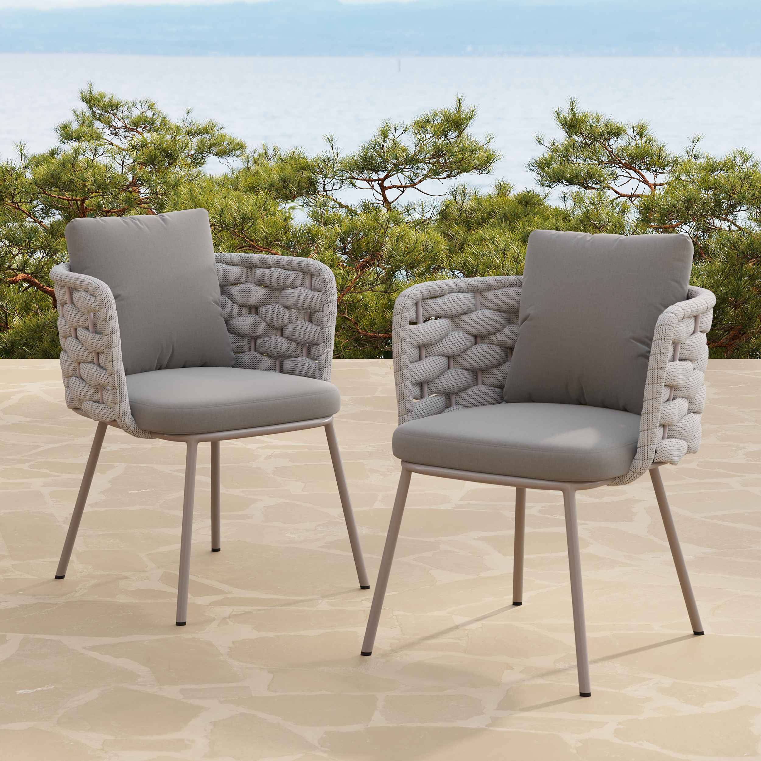 Juego de 6 sillas de comedor de exterior de ratán y aluminio gris con reposabrazos ergonómicos, resistentes a la intemperie para patios y jardines