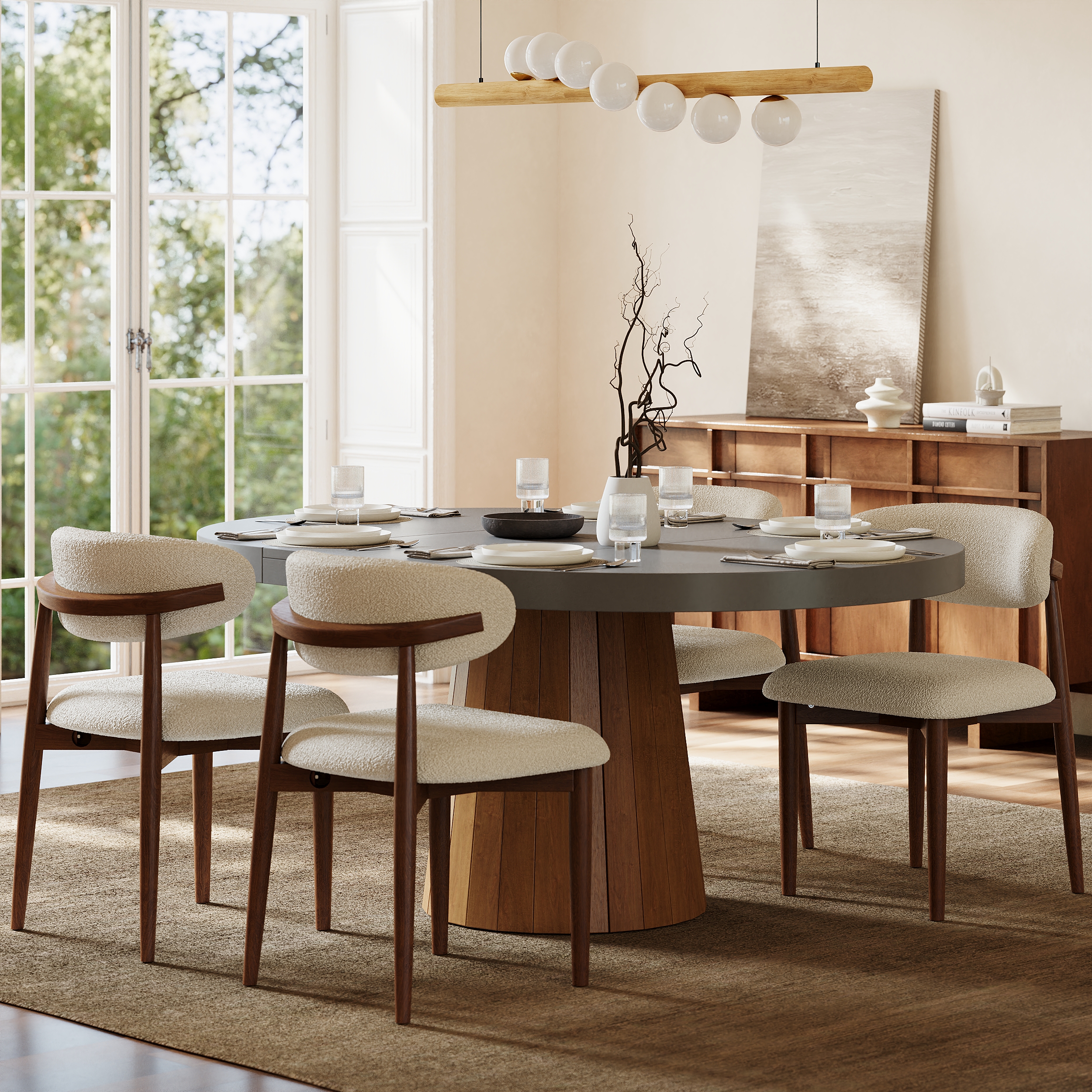 Modern Rubber Wood Walnut Dining Chair with Boucle Upholstery