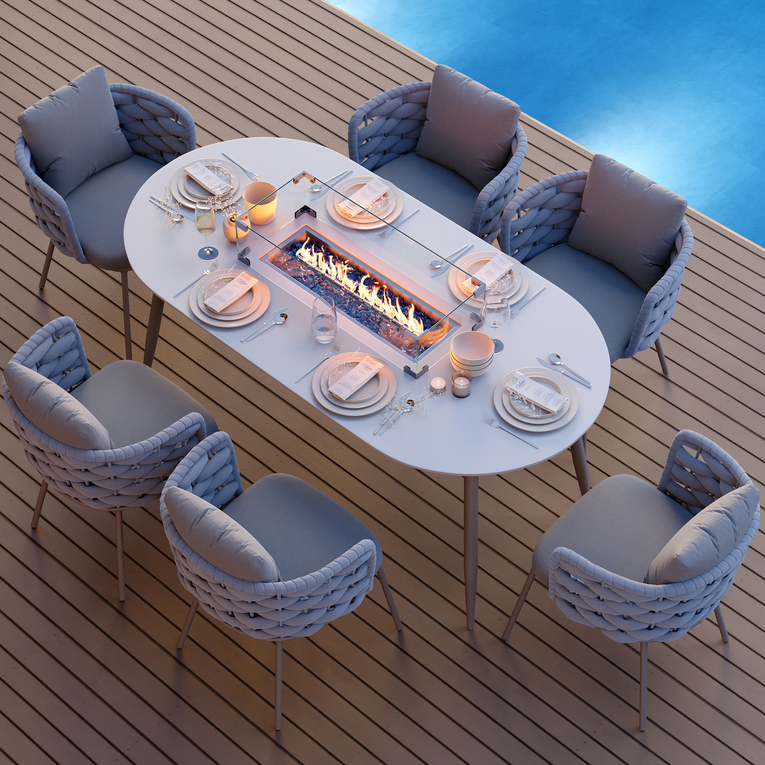Table de foyer d'extérieur au propane et fauteuil tressé en corde, 7 pièces, ensemble de salle à manger d'extérieur ovale, mobilier de jardin et de pa