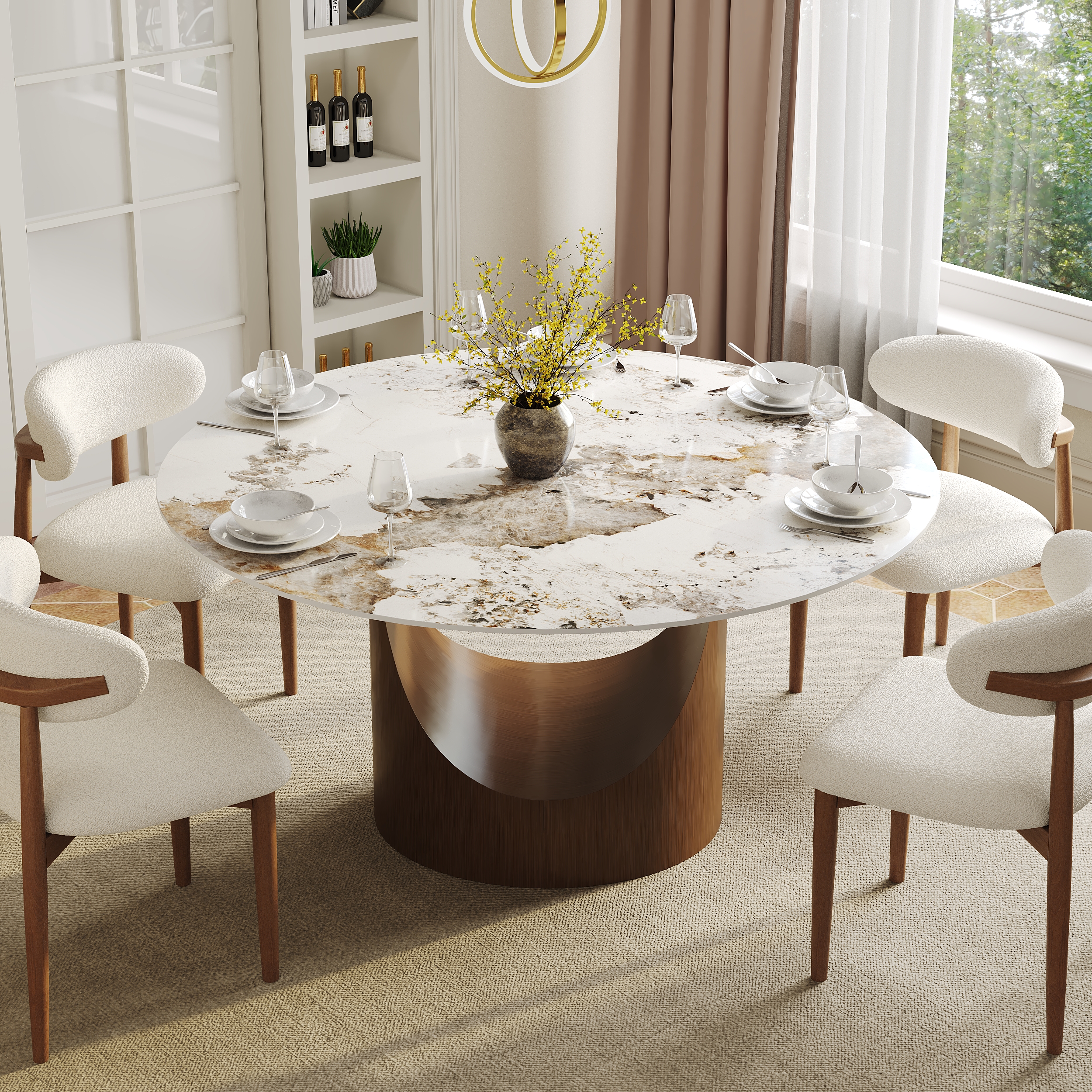 53" Pandora Glossy Faux Marble Dining Table Round with Stainless Base for 6 People