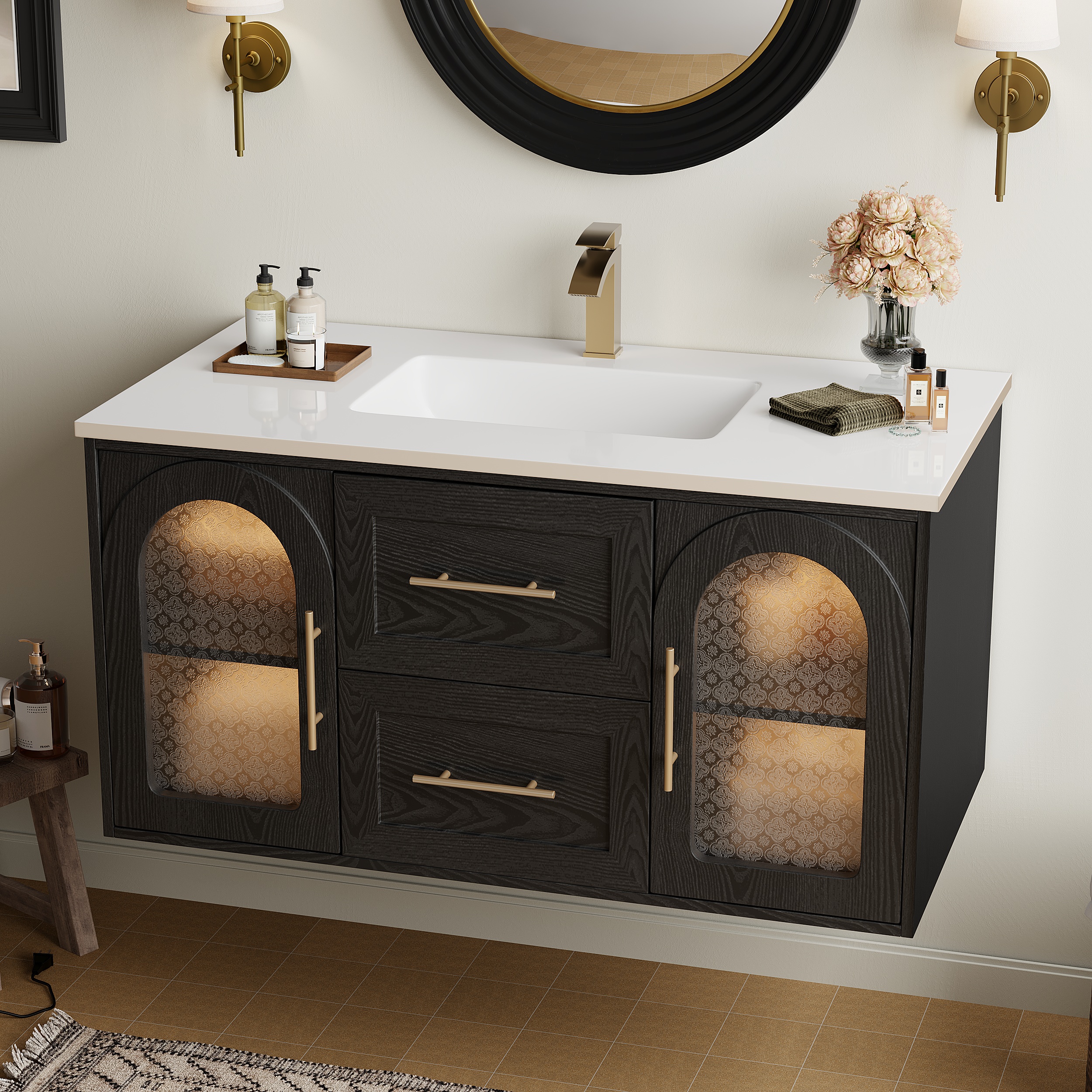 Tocador de baño negro Arune de 1070 mm con puertas arqueadas de vidrio, cajones y luz