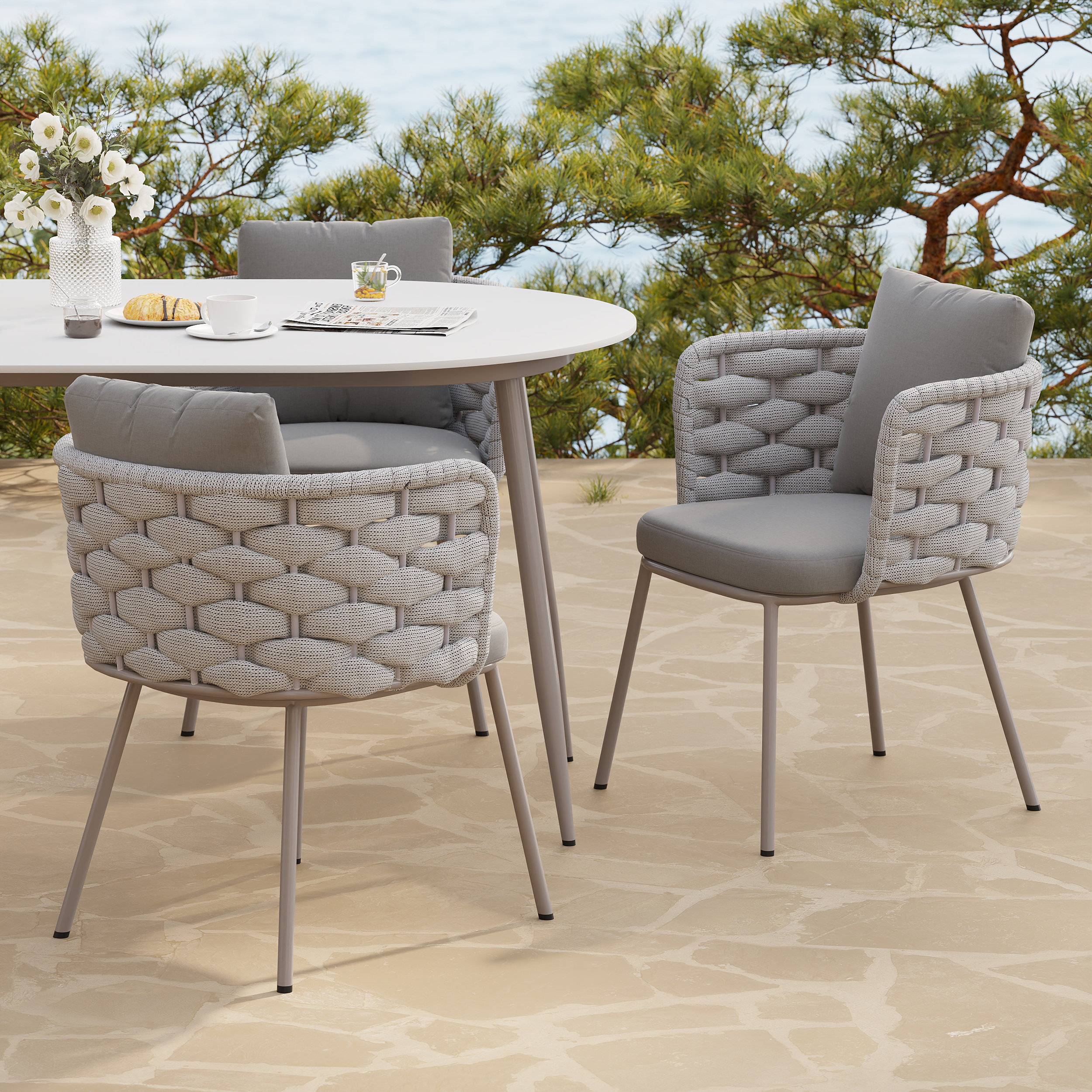 Set of 2 Modern Gray Aluminum Rattan Outdoor Dining Chairs with Ergonomic Armrests – Durable & Weather-Resistant for Patios, Gardens, or Balconies