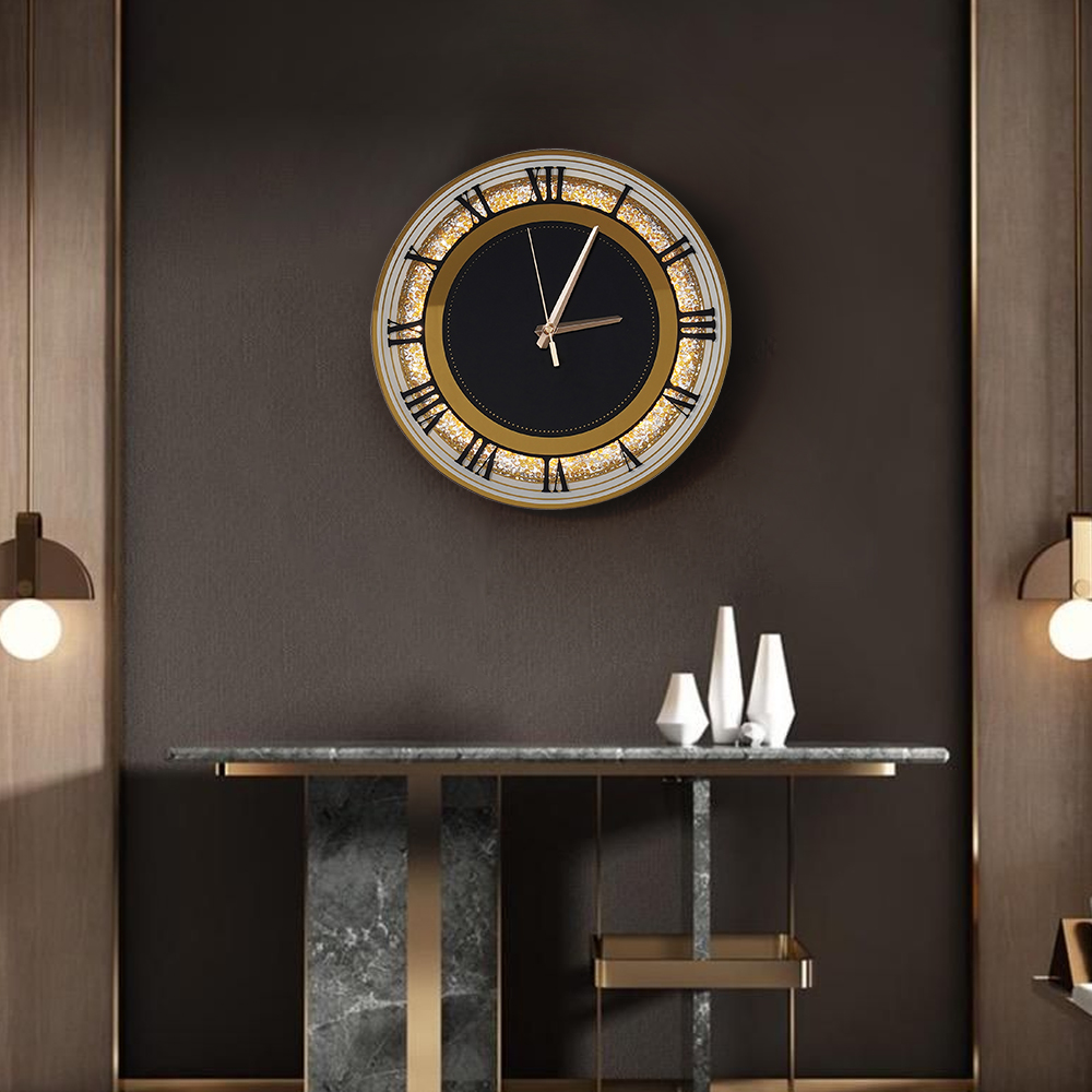 13.8" Golden LED Diamond Silent Roman Numerals Pendulum Wall Clock, Plug-in LED Light