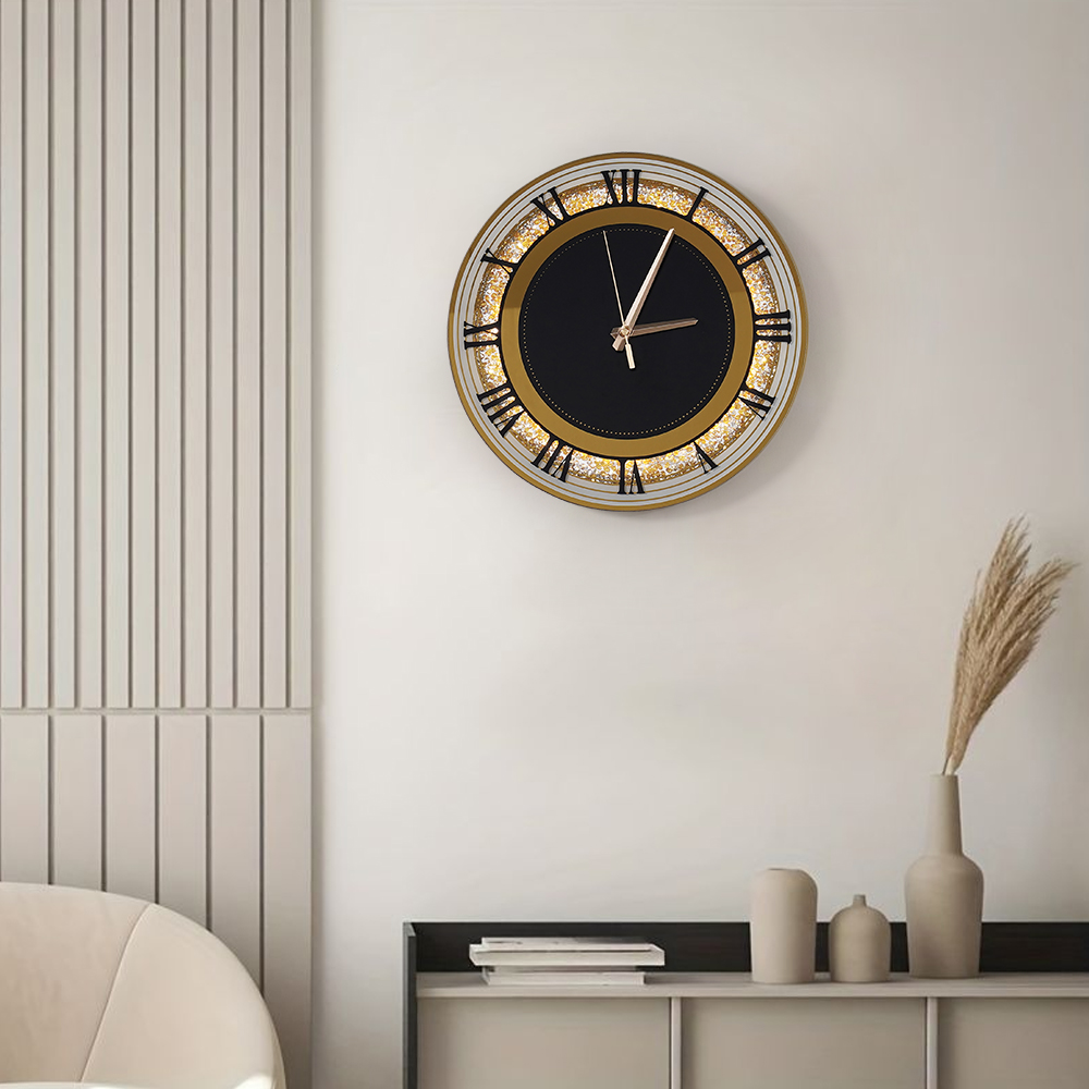 13.8" Golden LED Diamond Silent Roman Numerals Pendulum Wall Clock, Plug-in LED Light