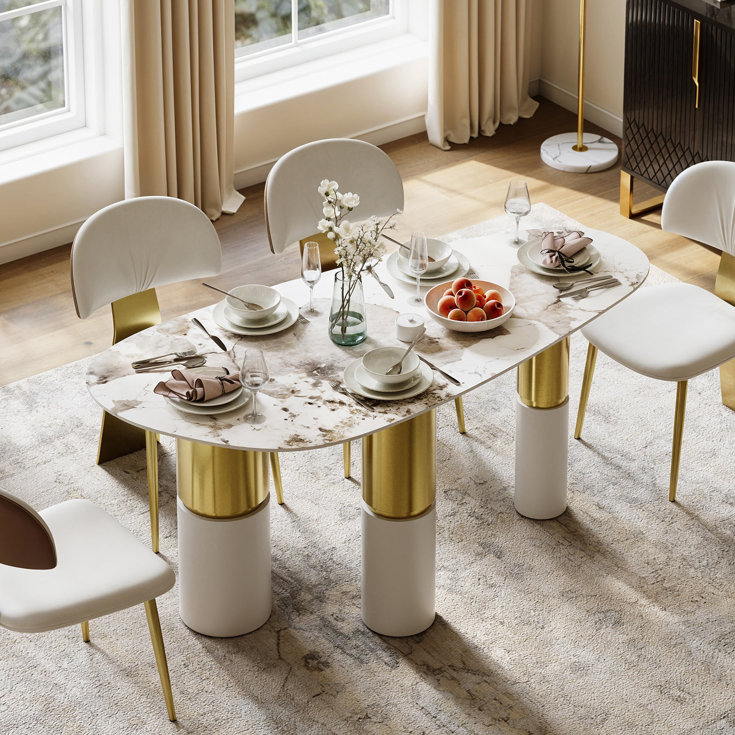 Mesa de comedor de guijarros de piedra sinterizada de 1600 mm con 3 patas para 4-6 personas