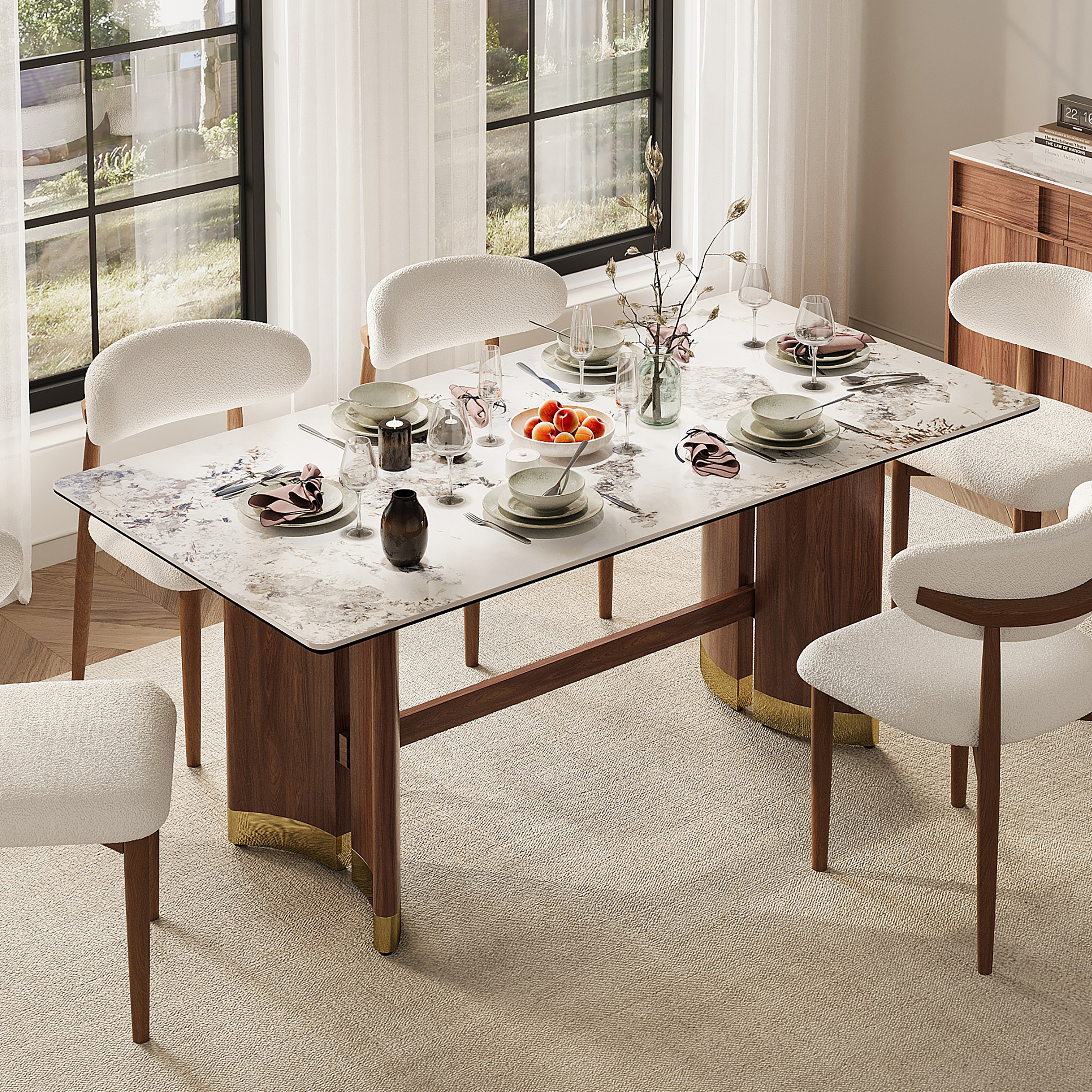 Mesa de comedor rectangular de piedra sinterizada de 1800 mm con pedestal doble para 6 a 8 personas
