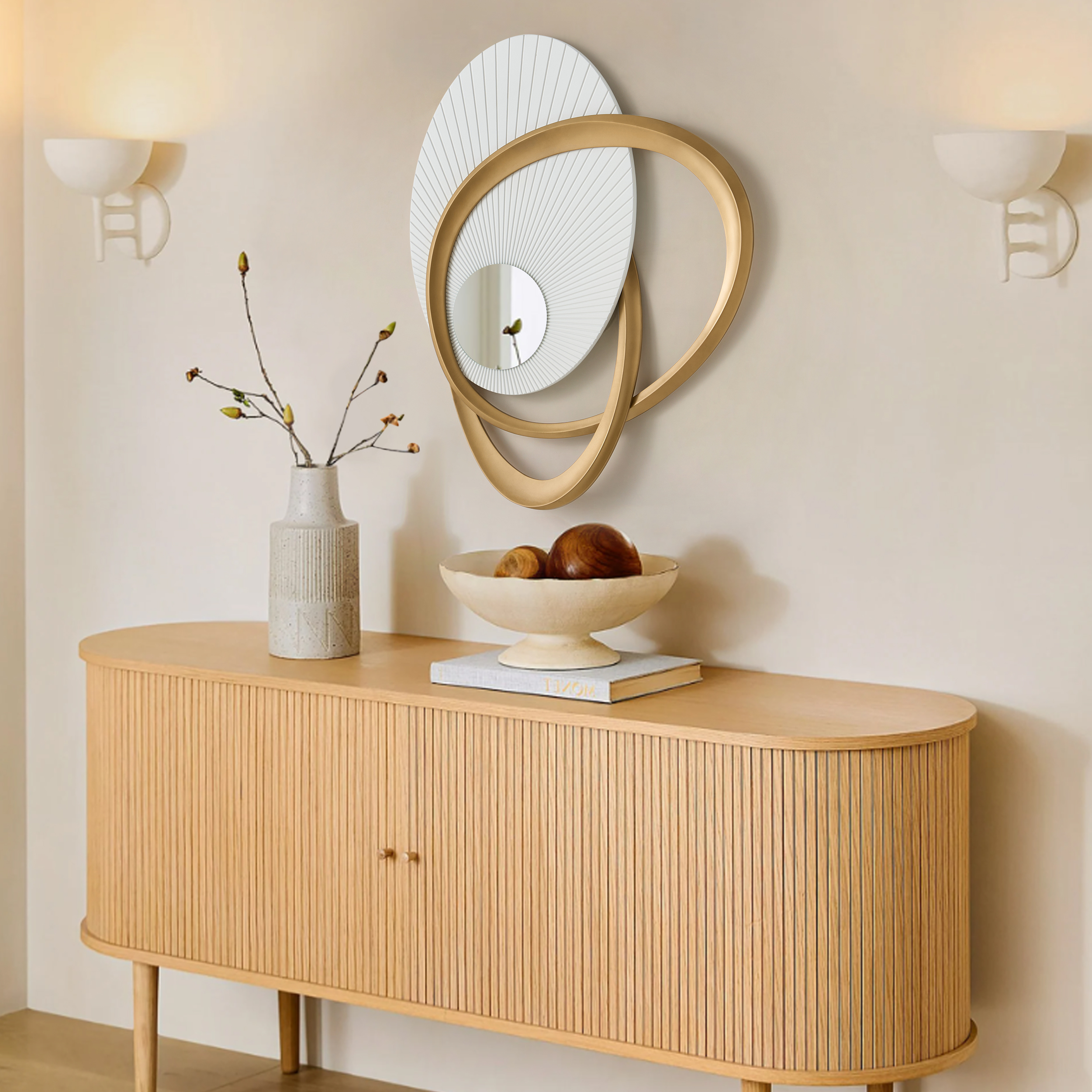 35.4" Art Deco Wall Hanging with Mirror– White & Gold, Radiant Design