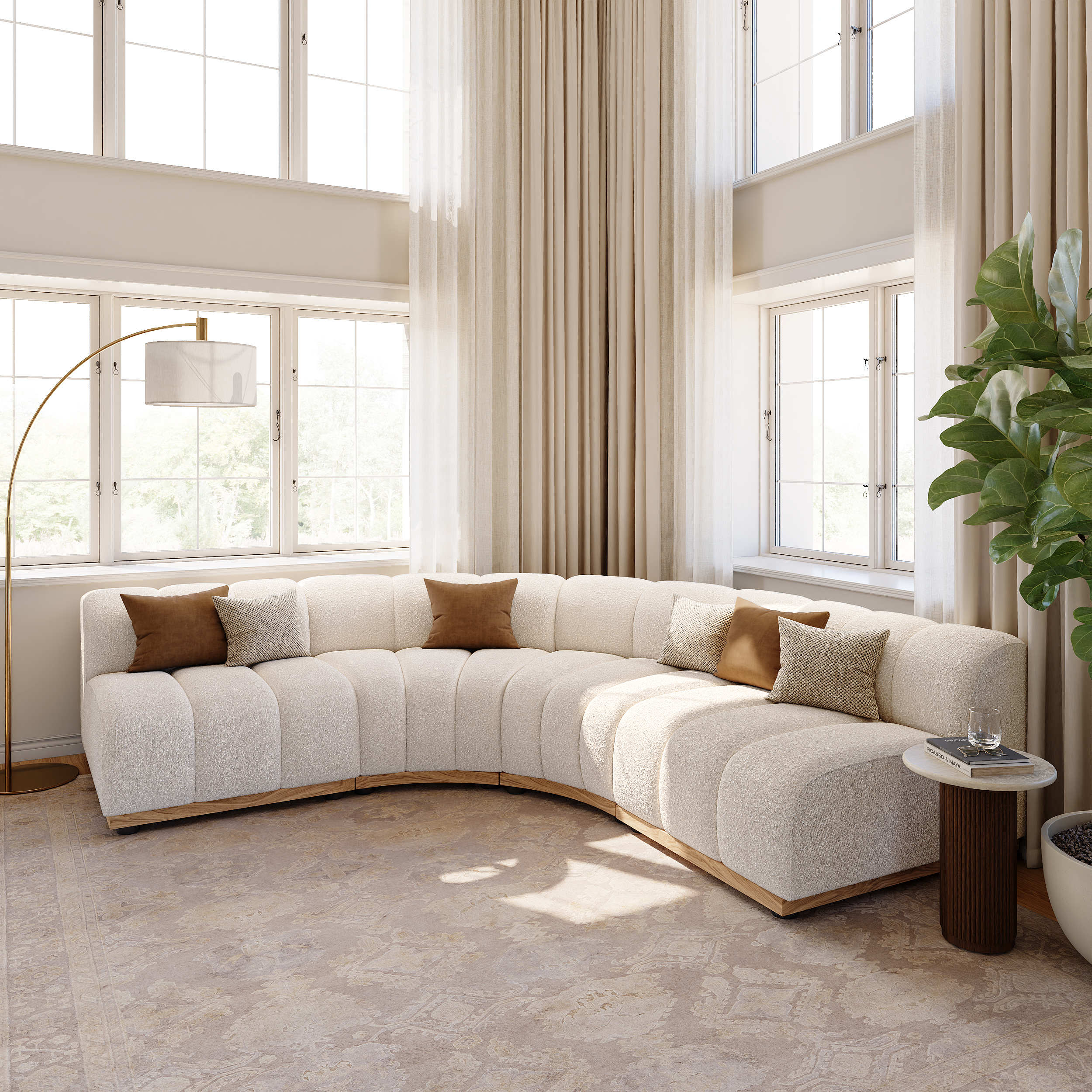 140" Spill-Resistant Curved Modular Sectional Sofa 4 Pieces Performance Boucle White Sectional