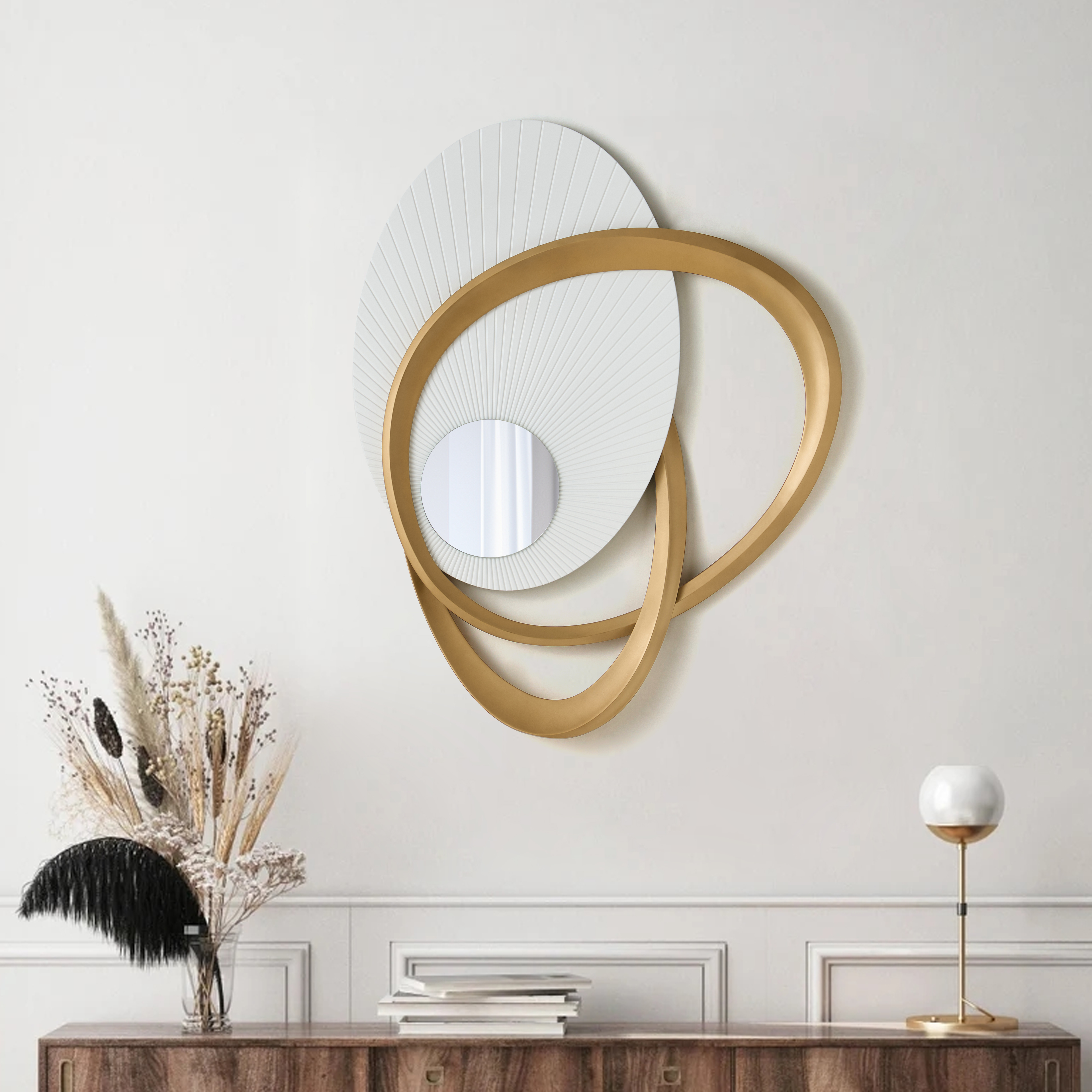 35.4" Art Deco Wall Hanging with Mirror– White & Gold, Radiant Design