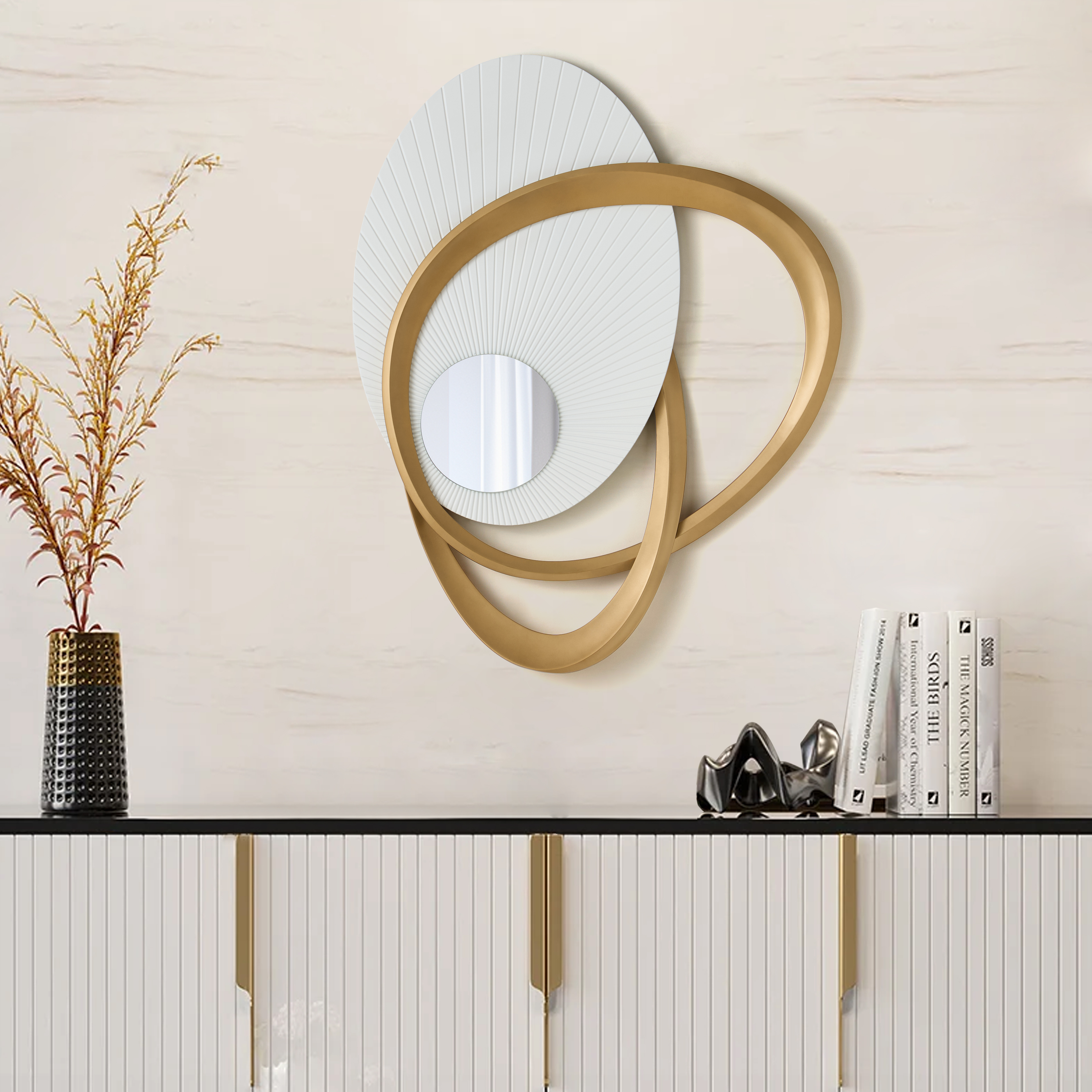 35.4" Art Deco Wall Hanging with Mirror– White & Gold, Radiant Design
