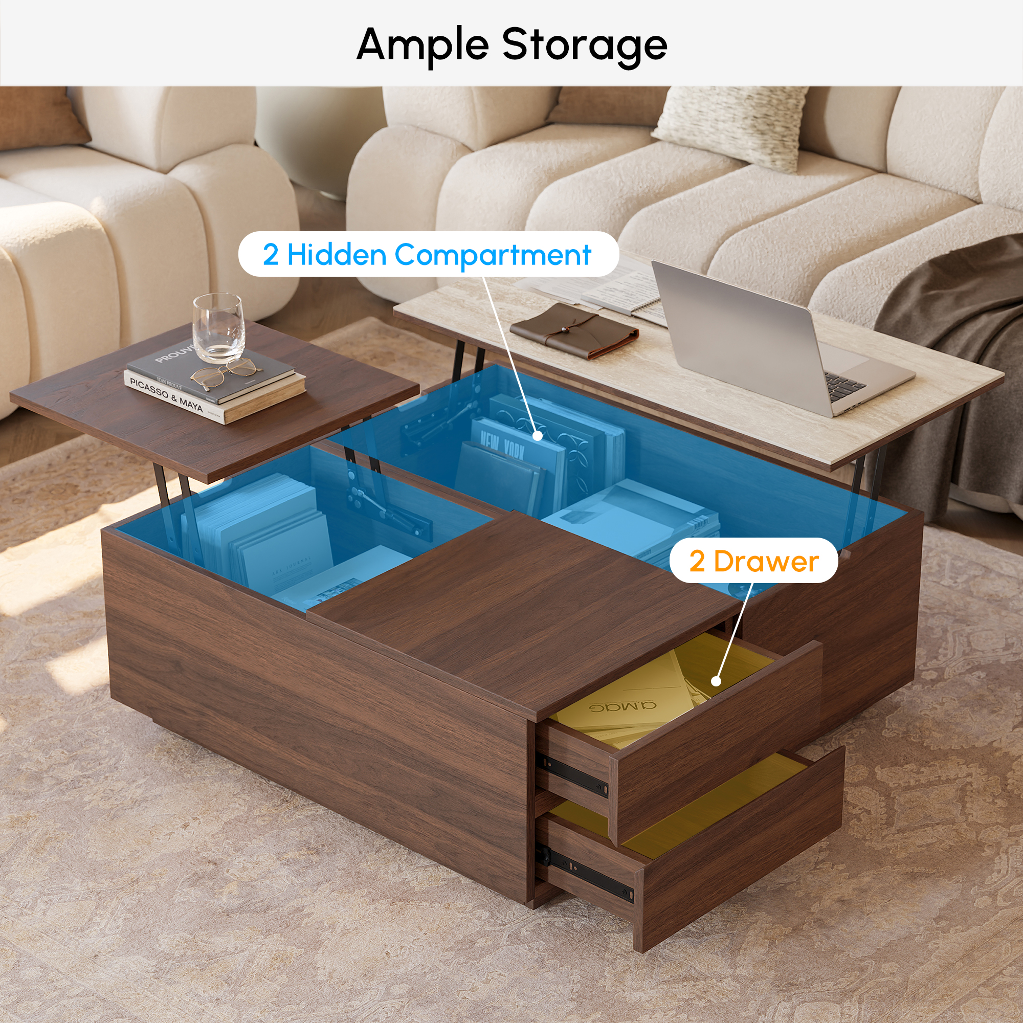 1000mm Square Lift-Top Travertine Veneer Sintered Stone Coffee