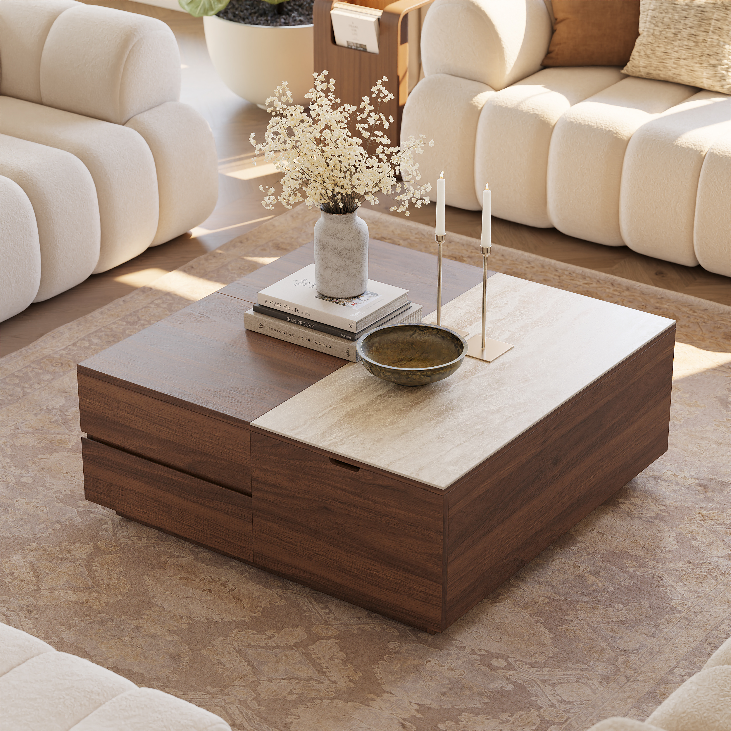 39" Square Lift-Top Walnut Travertine Veneer Sintered Stone Top Coffee Table with Storage