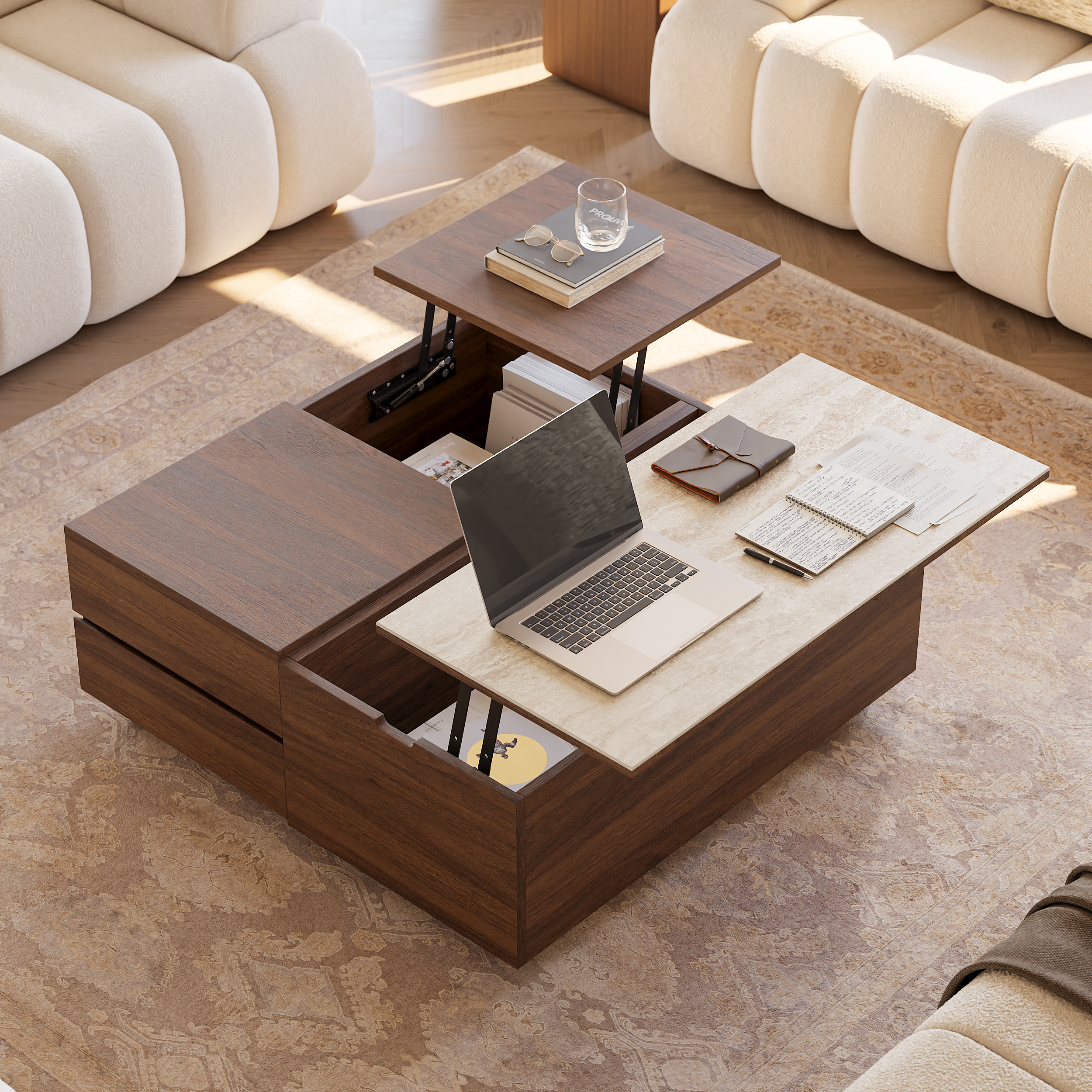 39" Square Lift-Top Walnut Travertine Veneer Sintered Stone Top Coffee Table with Storage