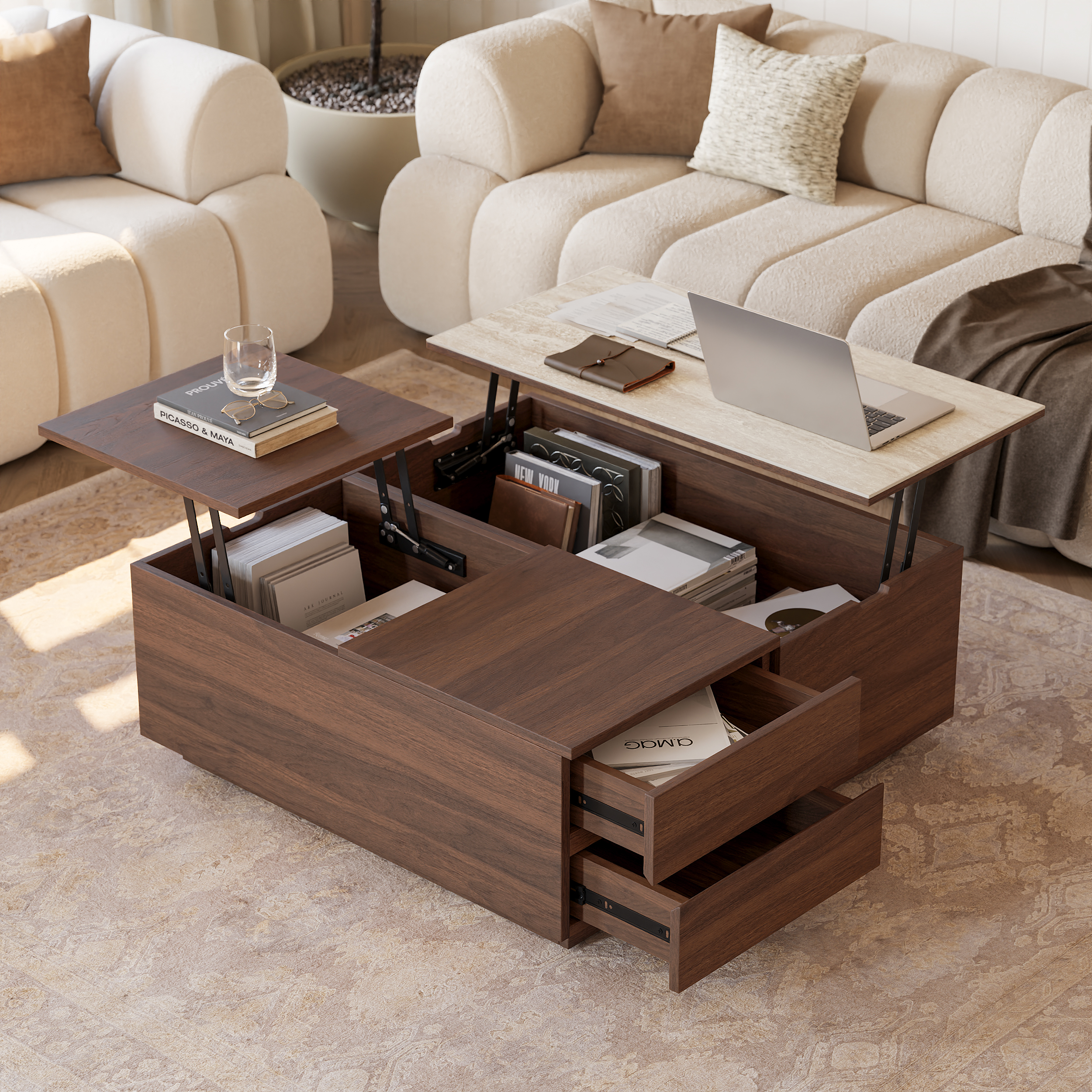 39" Square Lift-Top Walnut Travertine Veneer Sintered Stone Top Coffee Table with Storage