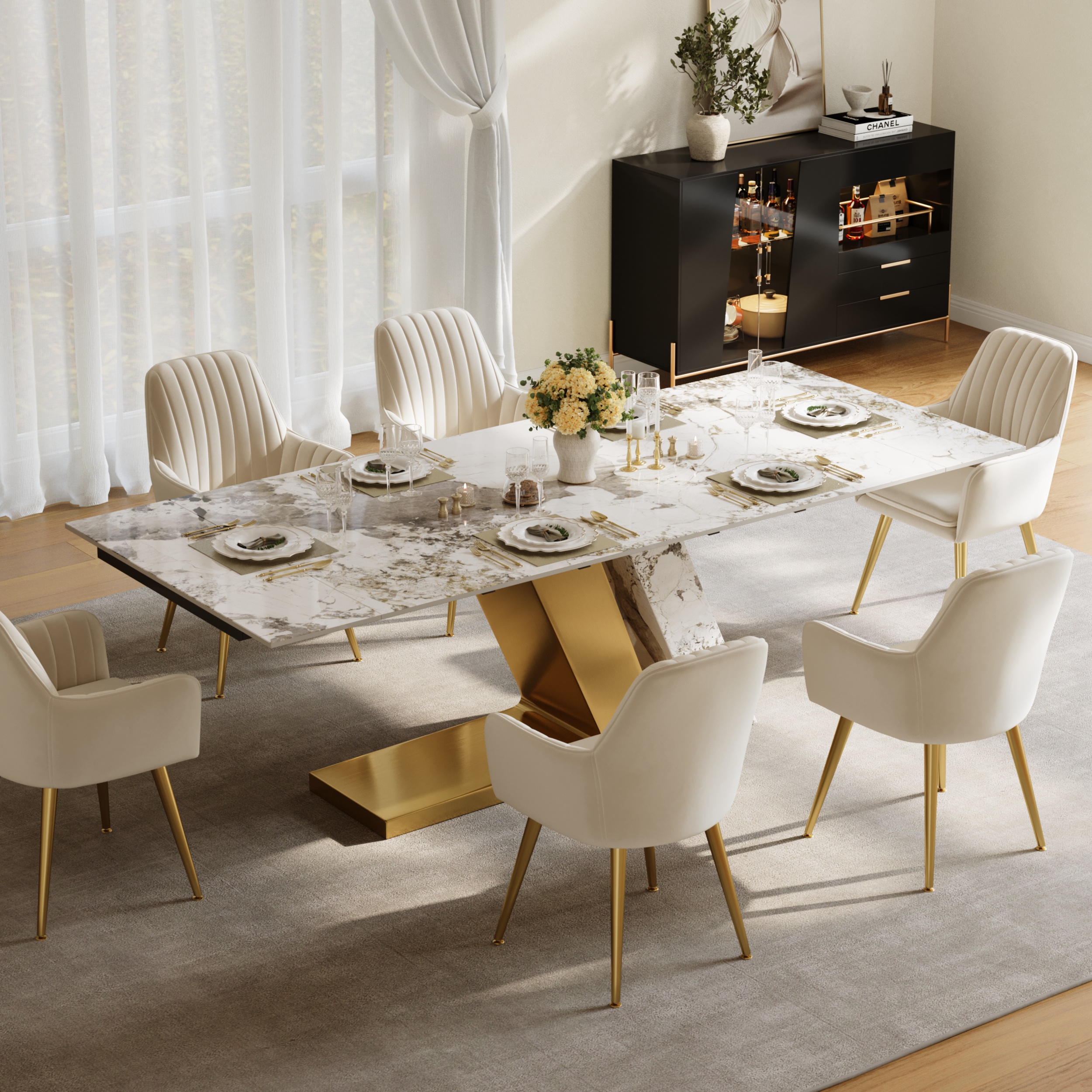 78.7-94.5" Modern Extendable Sintered Stone Dining Table Seats 6-10 People
