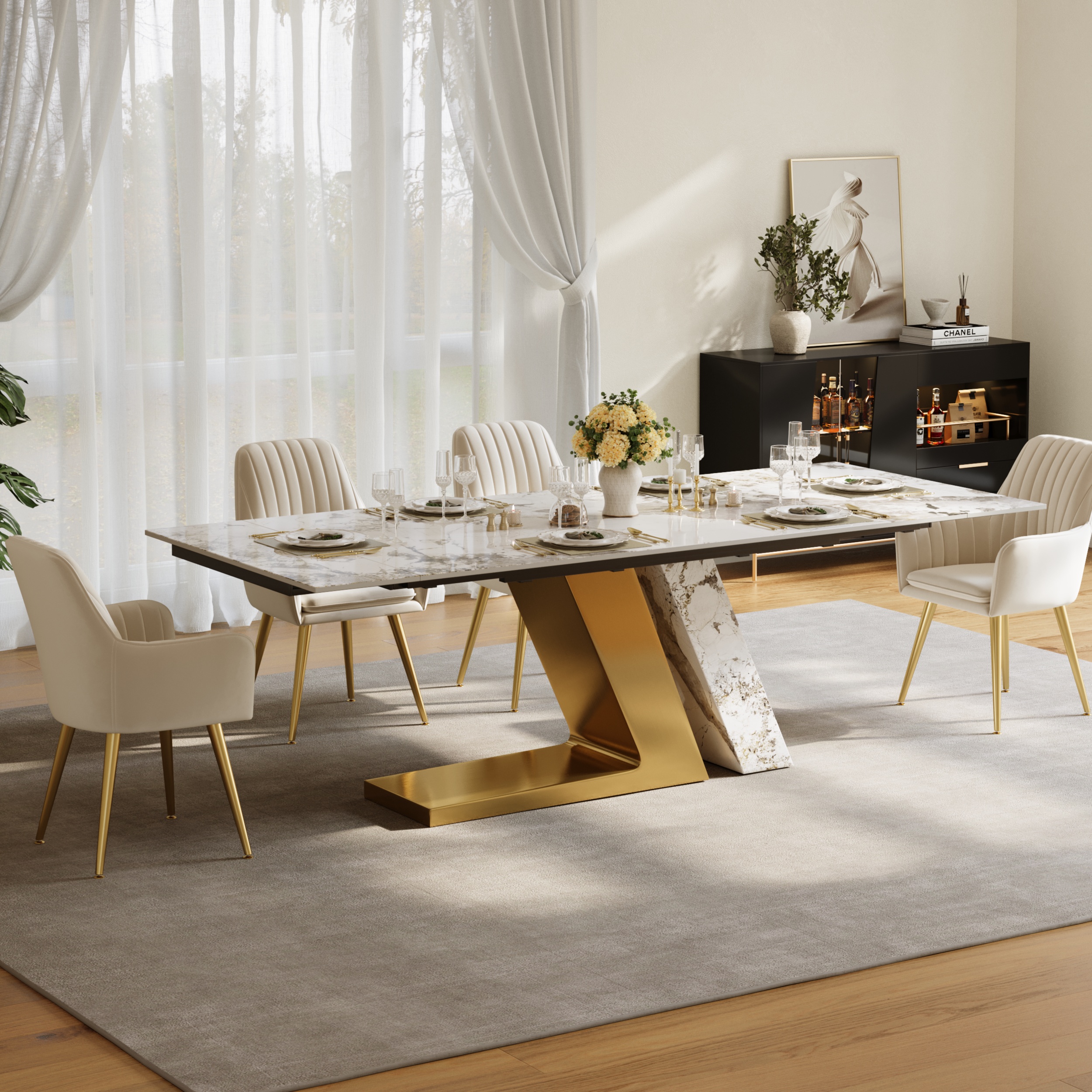 78.7-94.5" Modern Extendable Sintered Stone Dining Table Seats 6-10 People