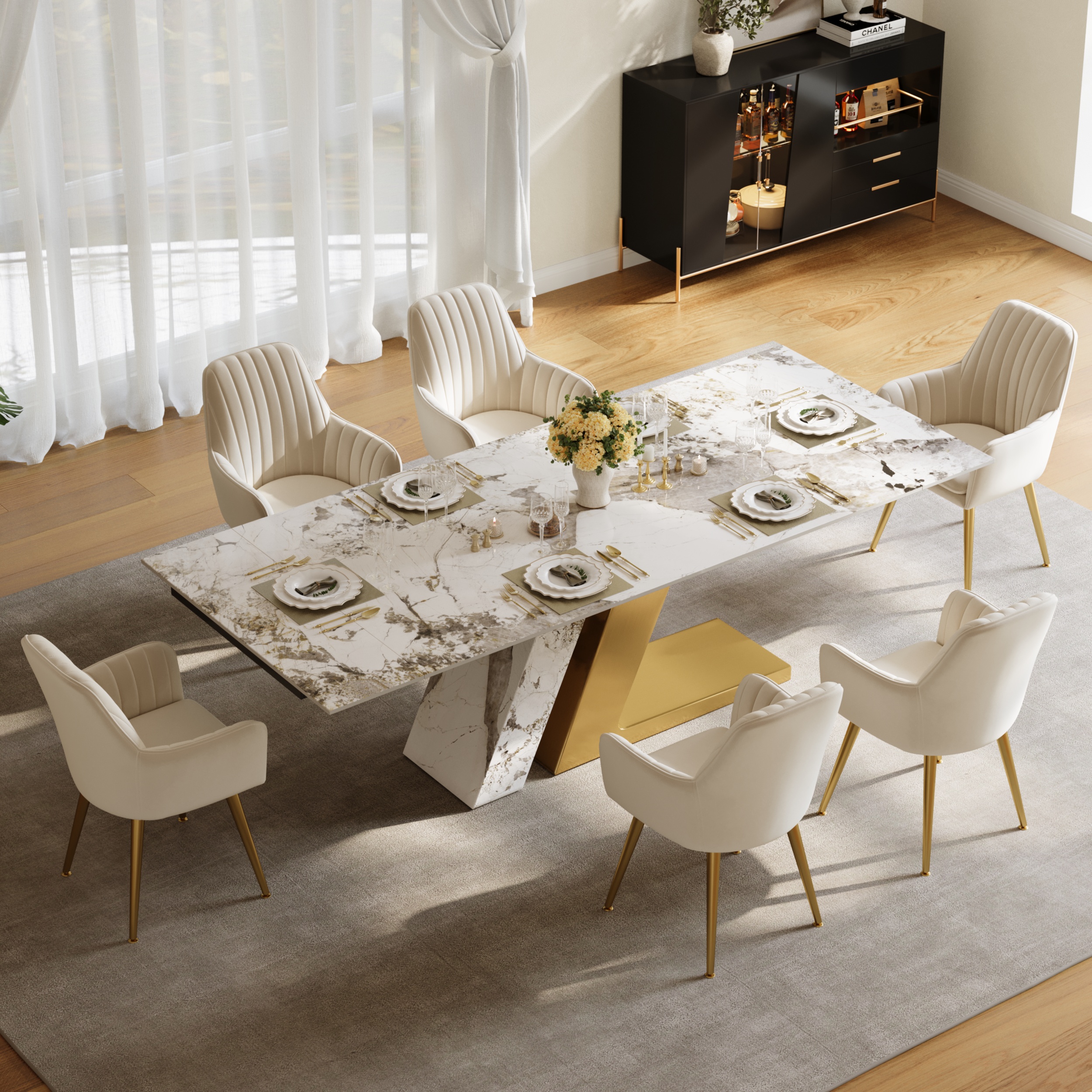 Mesa de comedor moderna de piedra sinterizada extensible de 2000 mm a 2400 mm con capacidad para 6 a 8 personas