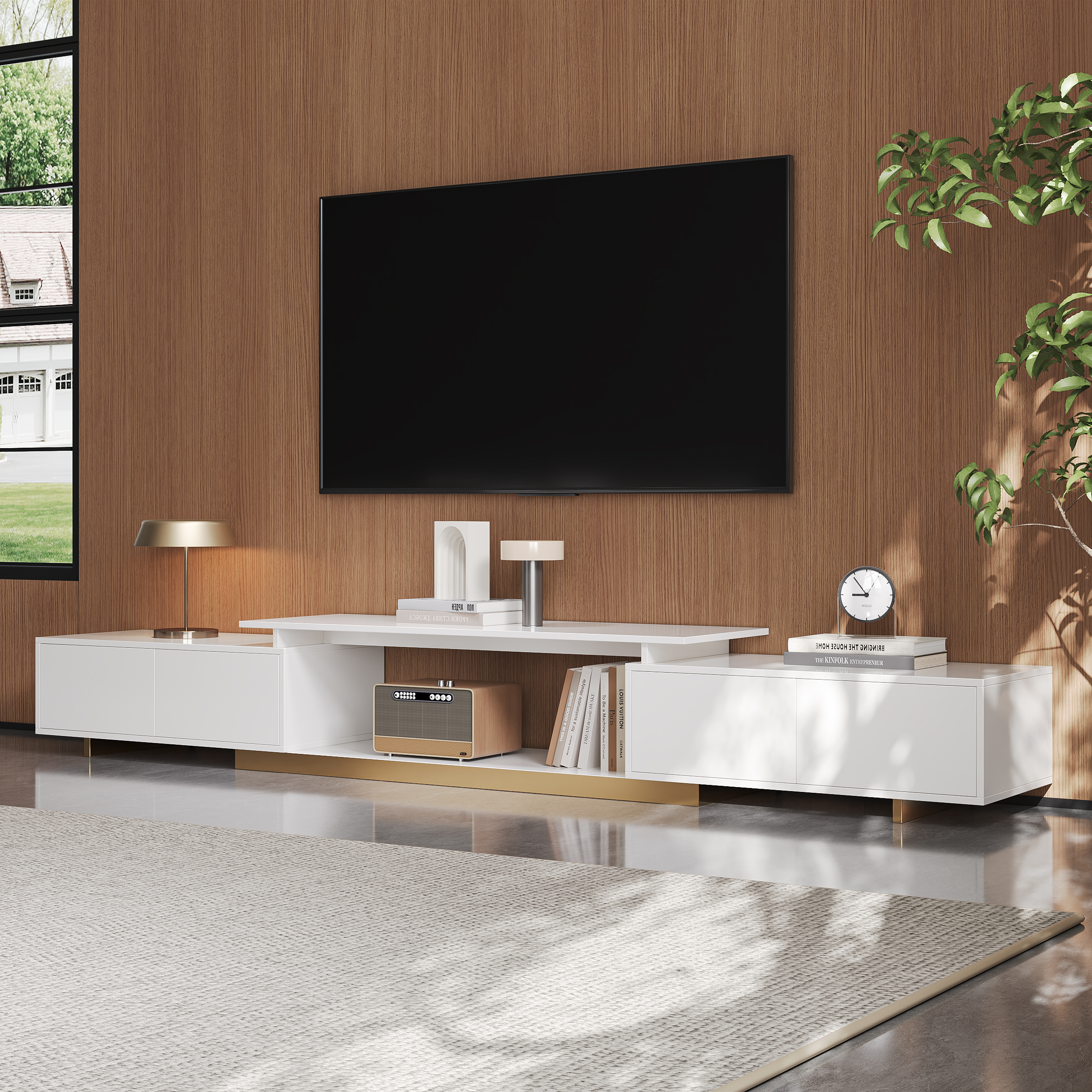 Meuble TV Mordel moderne rectangulaire blanc brillant extensible avec rangement pour téléviseurs de 65 à 85 pouces