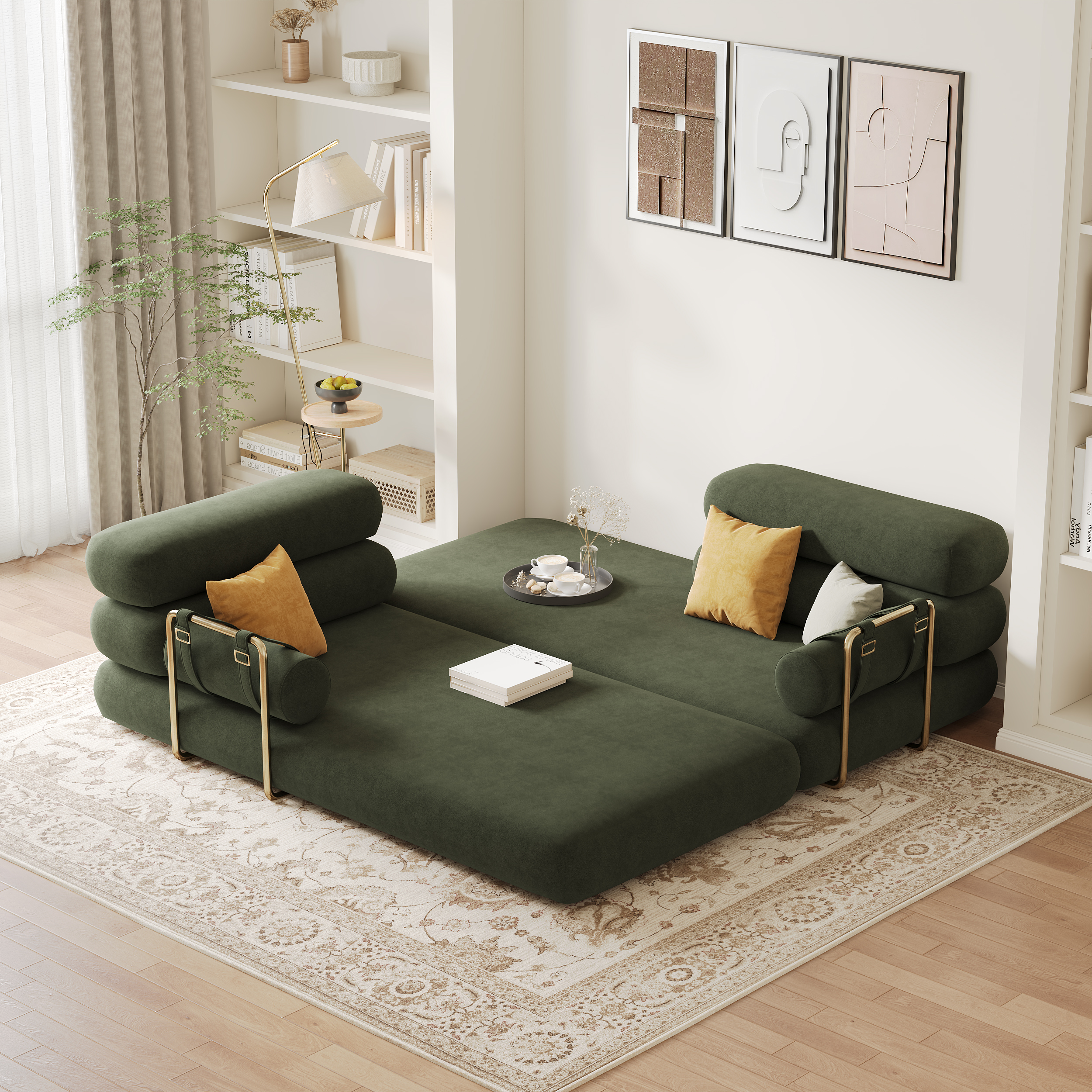 King Size Beige Velvet Convertible Sleeper Couch 81"" Modern 3-Seater Futon Sofa Bed