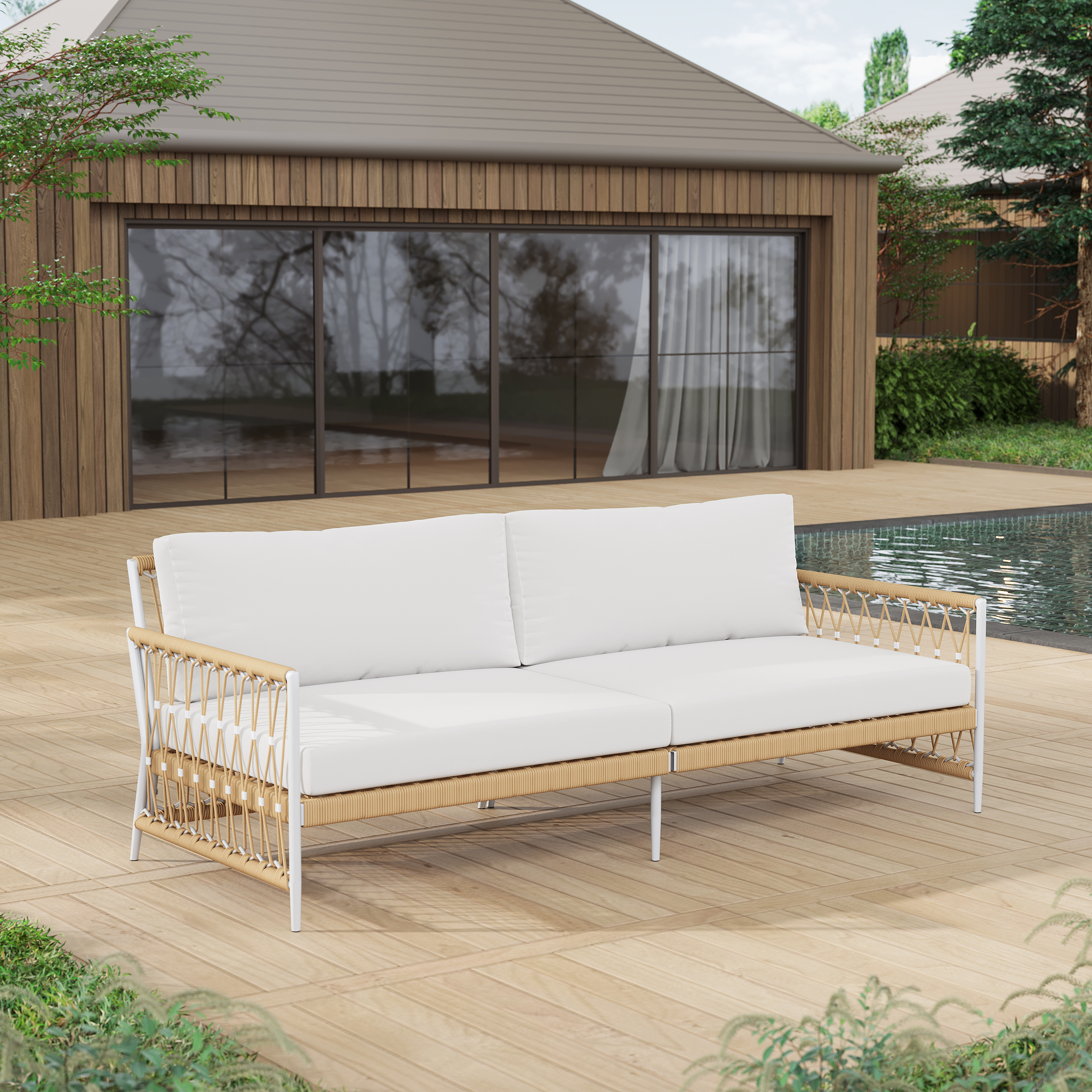 Ropipe Woven Rope Outdoor Sofa 3-Seater Sofa with White Polyester Pillow Cushion-image-online-en-us-21091