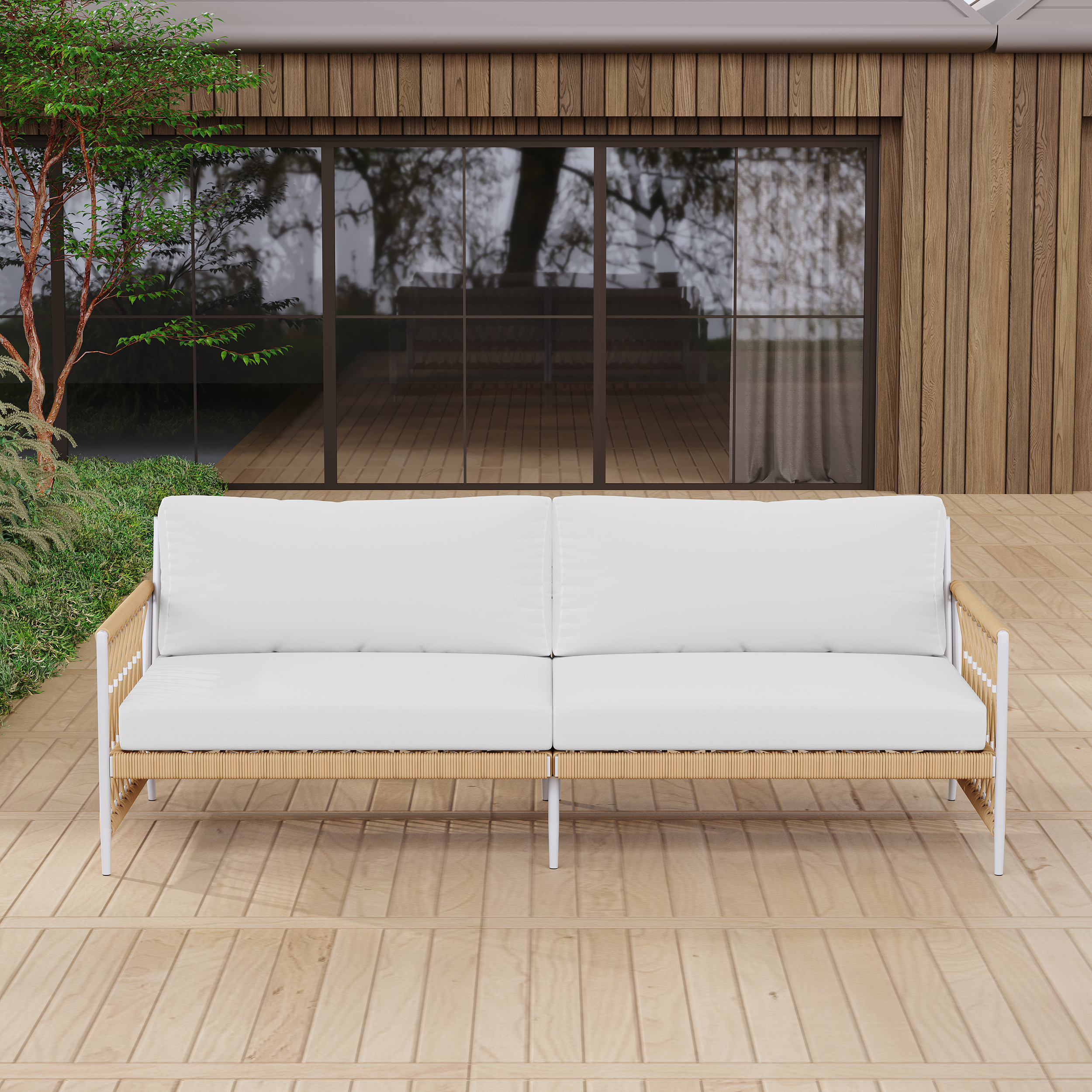 Ropipe Woven Rope Outdoor Sofa 3-Seater Sofa with White Polyester Pillow Cushion