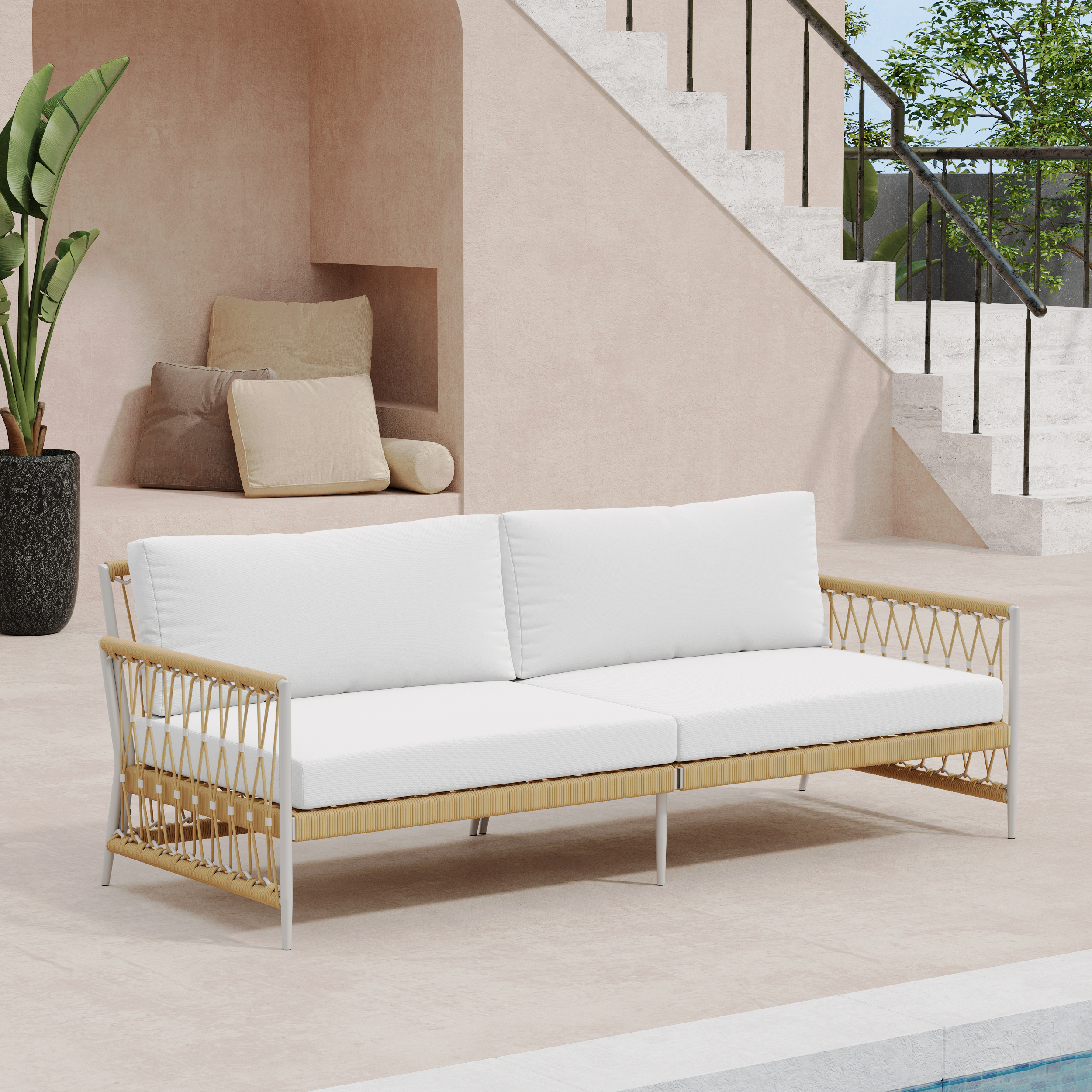 Ropipe Woven Rope Outdoor Sofa 3-Seater Sofa with White Polyester Pillow Cushion