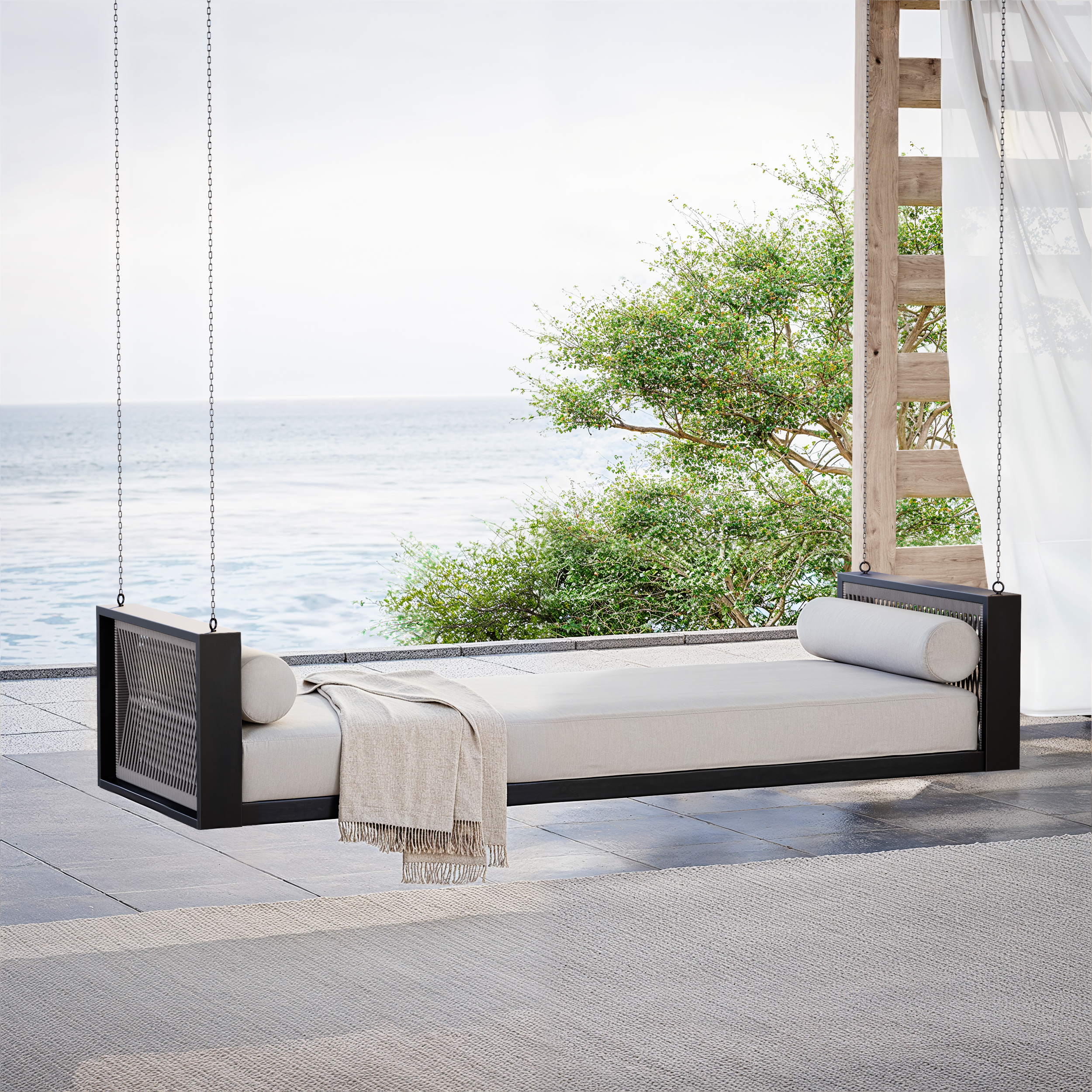 Patio Woven Rope Hanging Daybed Exterior Porch Swing Chair Sofa in Gray Cushion & Pillow